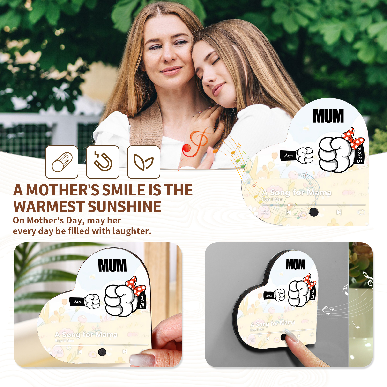 Personalised Fist Music Fridge Magnet Engraved 2 Names & 1Text– Custom Heart-Shaped Wooden Acrylic Gift | Jessemade