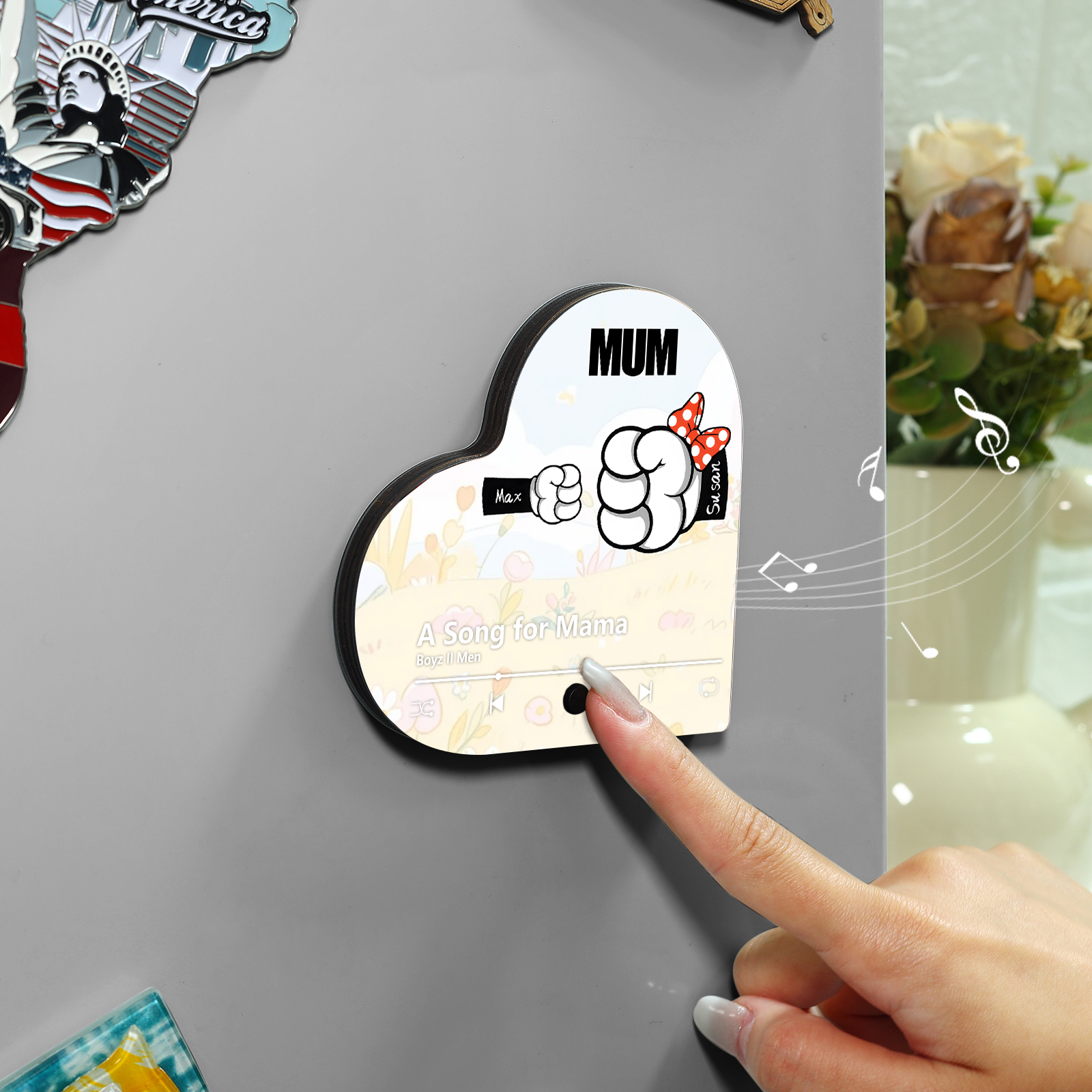 Personalised Fist Music Fridge Magnet Engraved 2 Names & 1Text– Custom Heart-Shaped Wooden Acrylic Gift | Jessemade