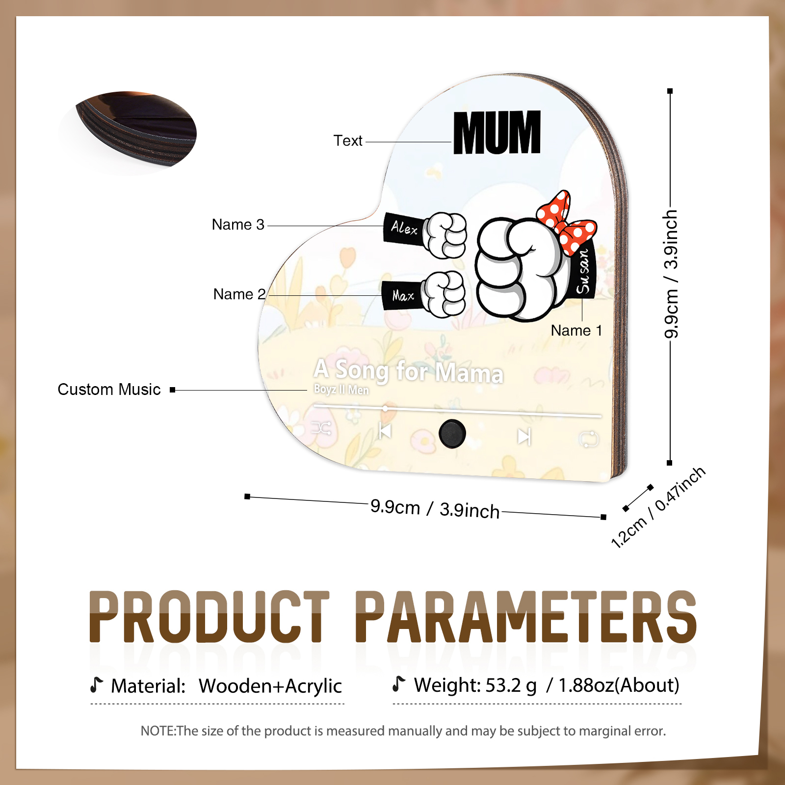 Personalised Fist Music Fridge Magnet Engraved 3 Names & 1Text– Custom Heart-Shaped Wooden Acrylic Gift | Jessemade