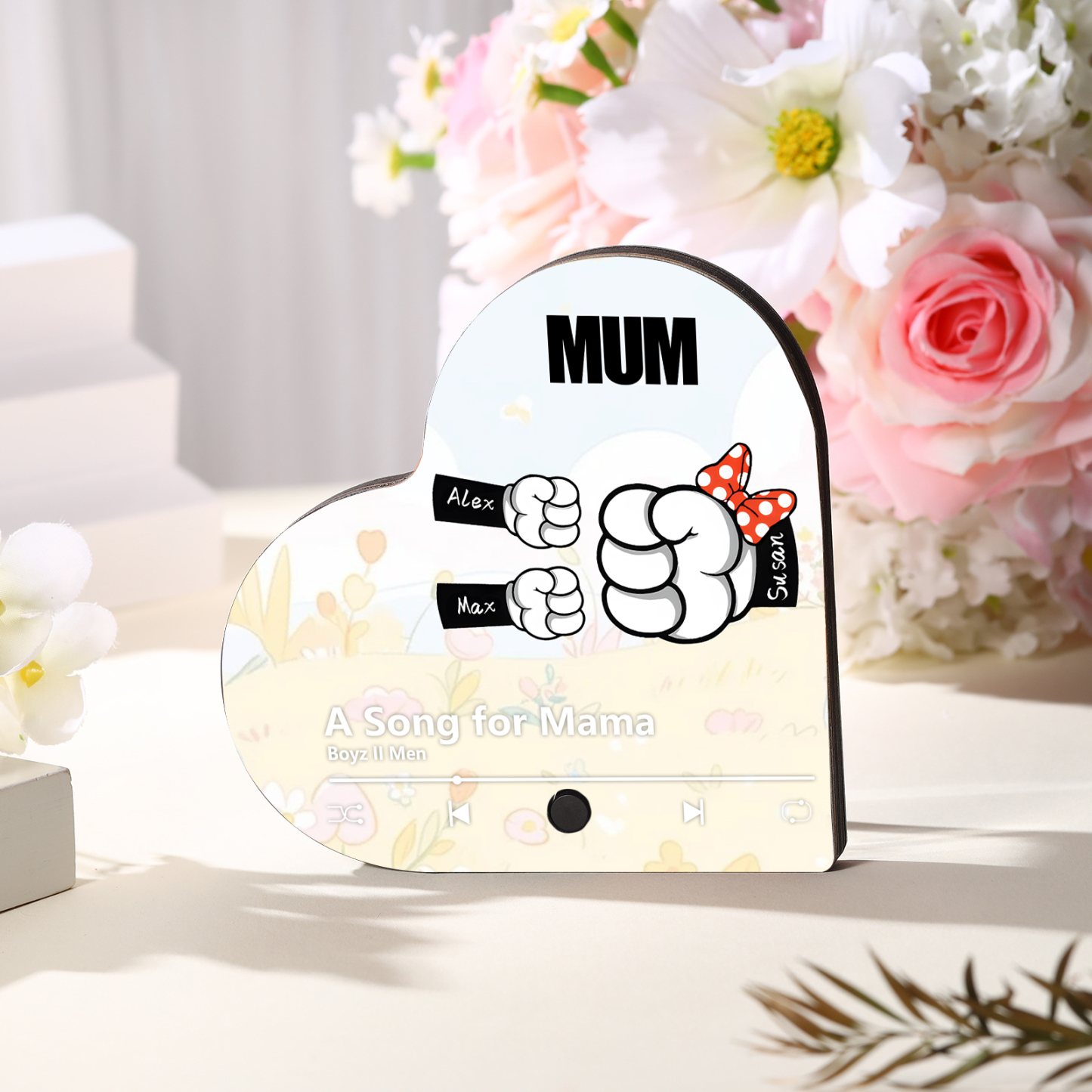 Personalised Fist Music Fridge Magnet Engraved 3 Names & 1Text– Custom Heart-Shaped Wooden Acrylic Gift | Jessemade