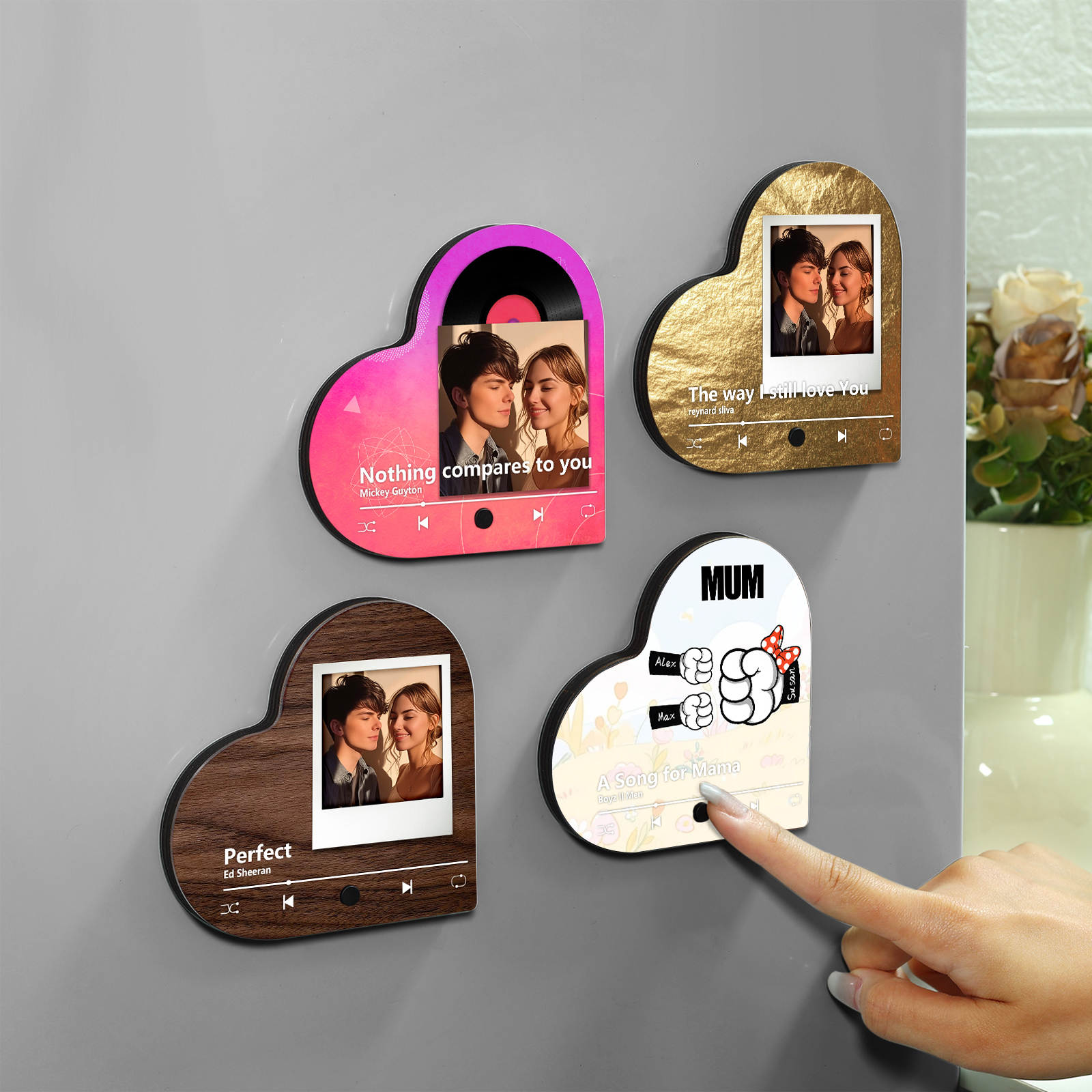 Personalised Fist Music Fridge Magnet Engraved 3 Names & 1Text– Custom Heart-Shaped Wooden Acrylic Gift | Jessemade