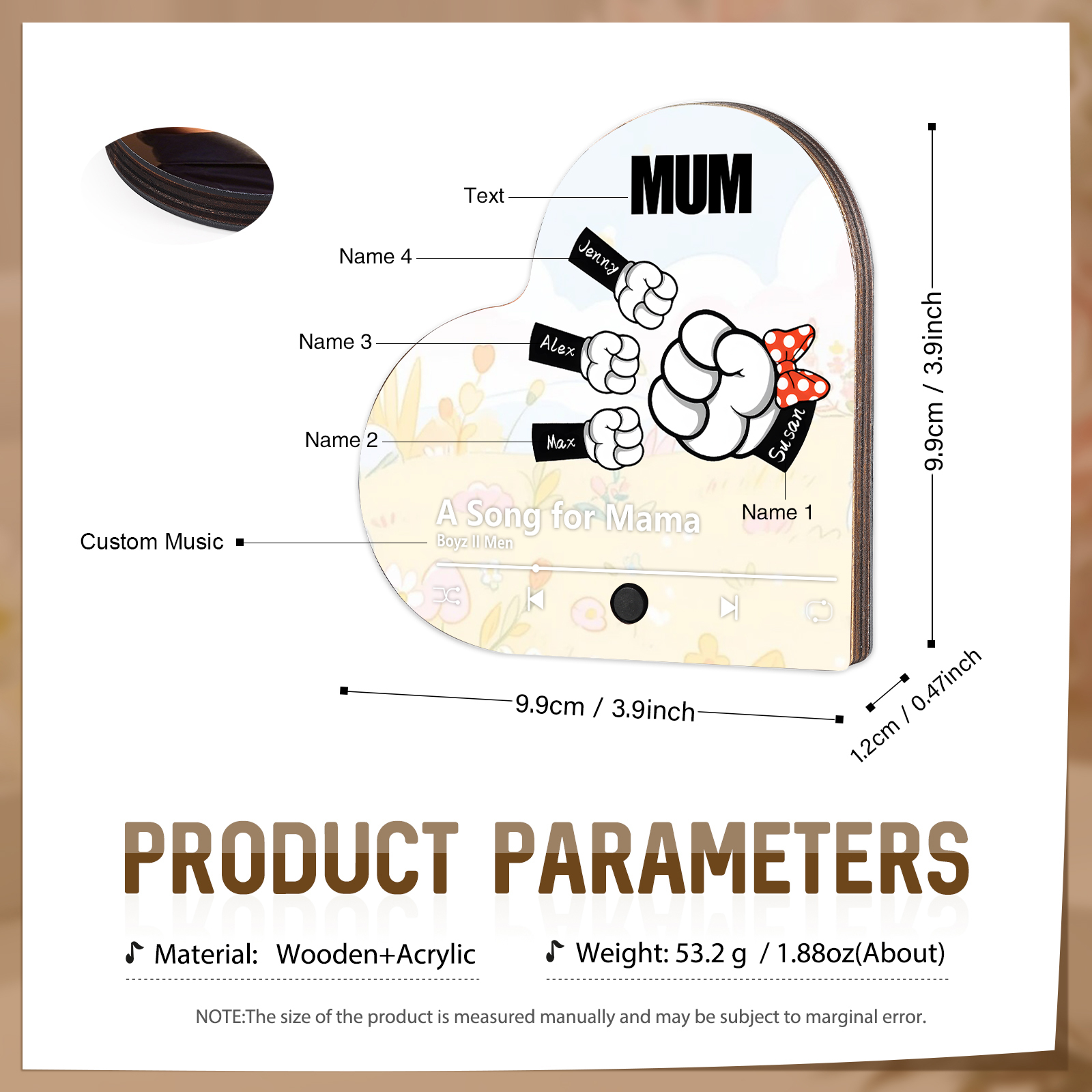 Personalised Fist Music Fridge Magnet Engraved 4 Names & 1 Text– Custom Heart-Shaped Wooden Acrylic Gift | Jessemade