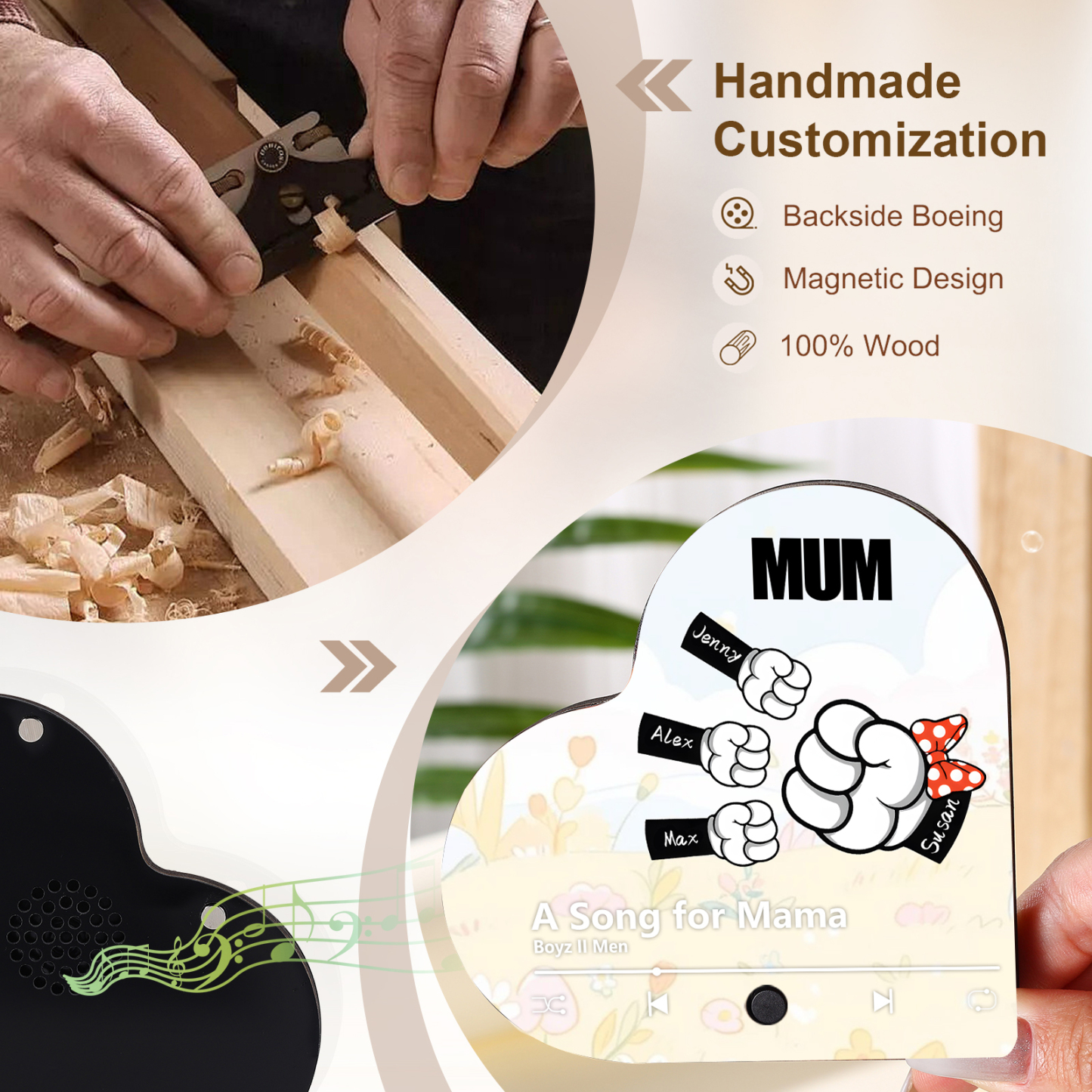 Personalised Fist Music Fridge Magnet Engraved 4 Names & 1 Text– Custom Heart-Shaped Wooden Acrylic Gift | Jessemade