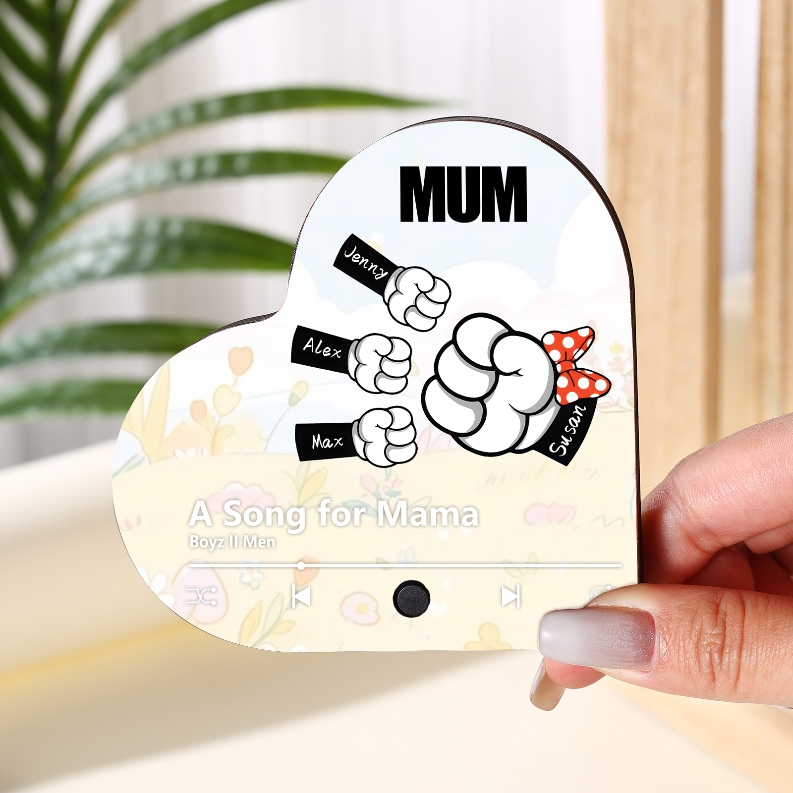 Personalised Fist Music Fridge Magnet Engraved 4 Names & 1 Text– Custom Heart-Shaped Wooden Acrylic Gift | Jessemade