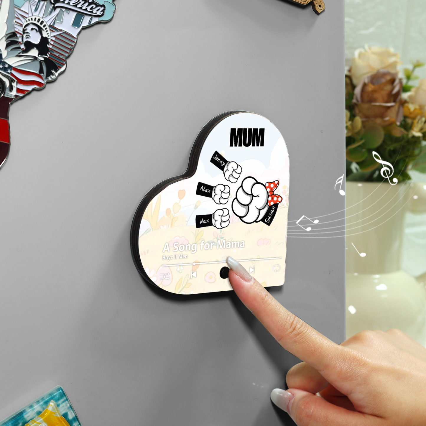Personalised Fist Music Fridge Magnet Engraved 4 Names & 1 Text– Custom Heart-Shaped Wooden Acrylic Gift | Jessemade