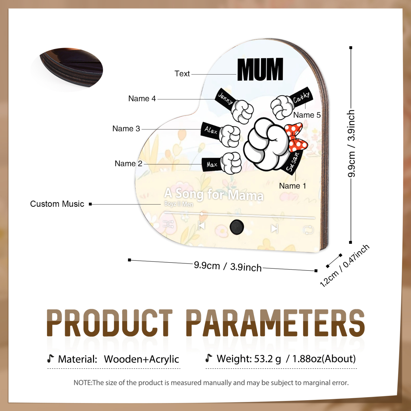 [Copy]Personalised Fist Music Fridge Magnet Engraved 5 Names & 1 Text– Custom Heart-Shaped Wooden Acrylic Gift | Jessemade