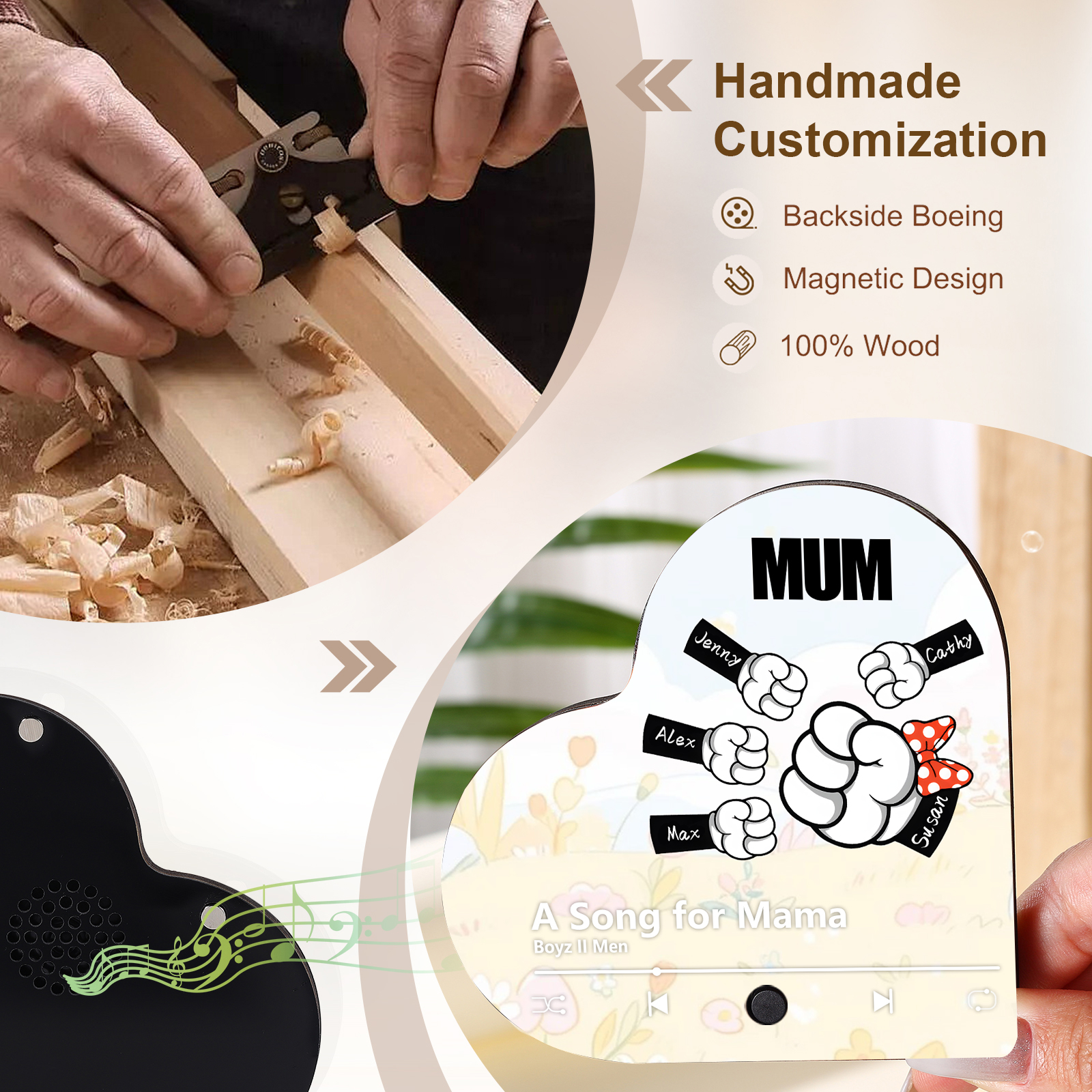 [Copy]Personalised Fist Music Fridge Magnet Engraved 5 Names & 1 Text– Custom Heart-Shaped Wooden Acrylic Gift | Jessemade