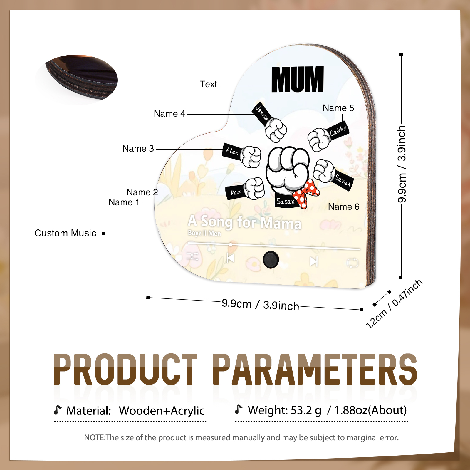 Personalised Fist Music Fridge Magnet Engraved 6 Names & 1 Text– Custom Heart-Shaped Wooden Acrylic Gift | Jessemade