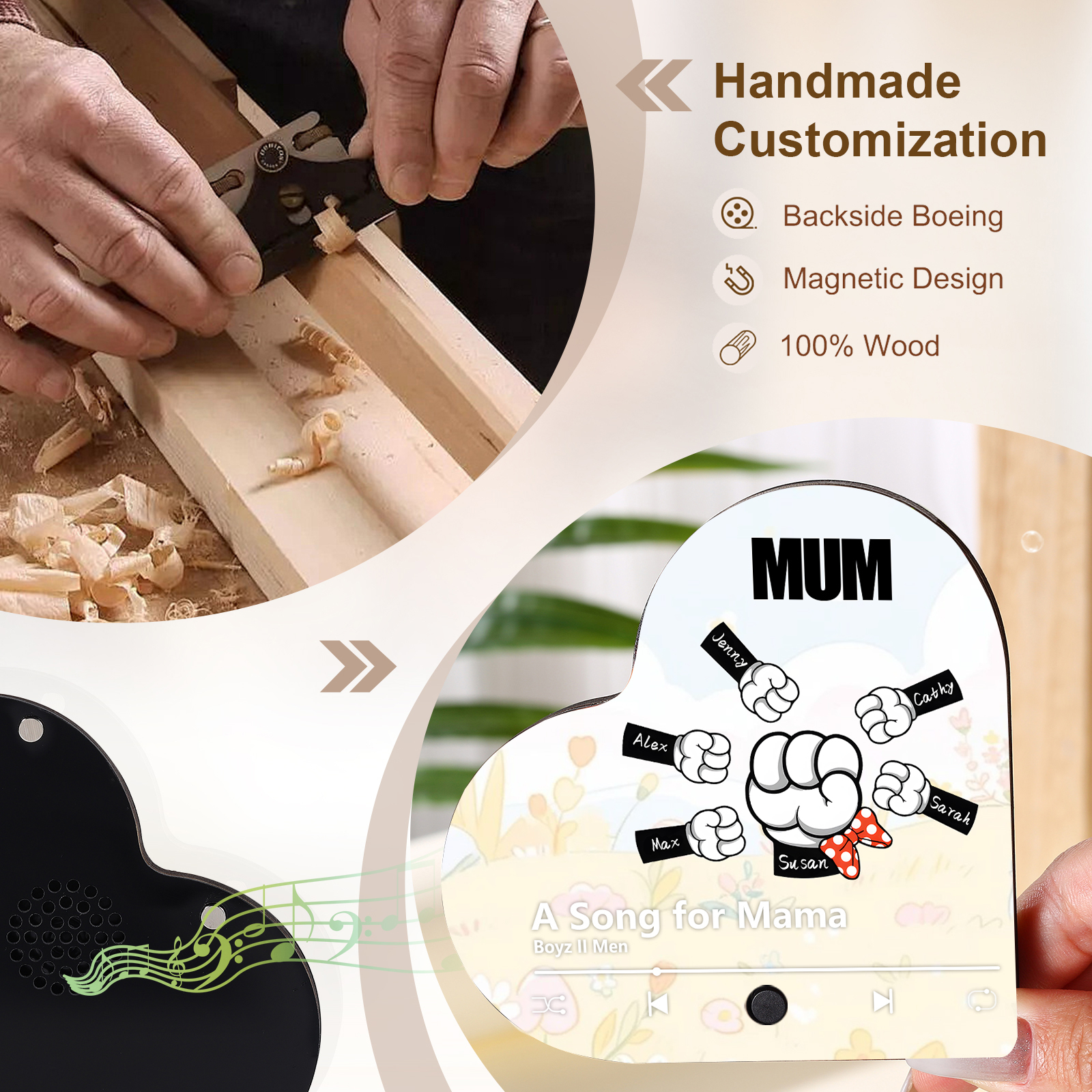 Personalised Fist Music Fridge Magnet Engraved 6 Names & 1 Text– Custom Heart-Shaped Wooden Acrylic Gift | Jessemade