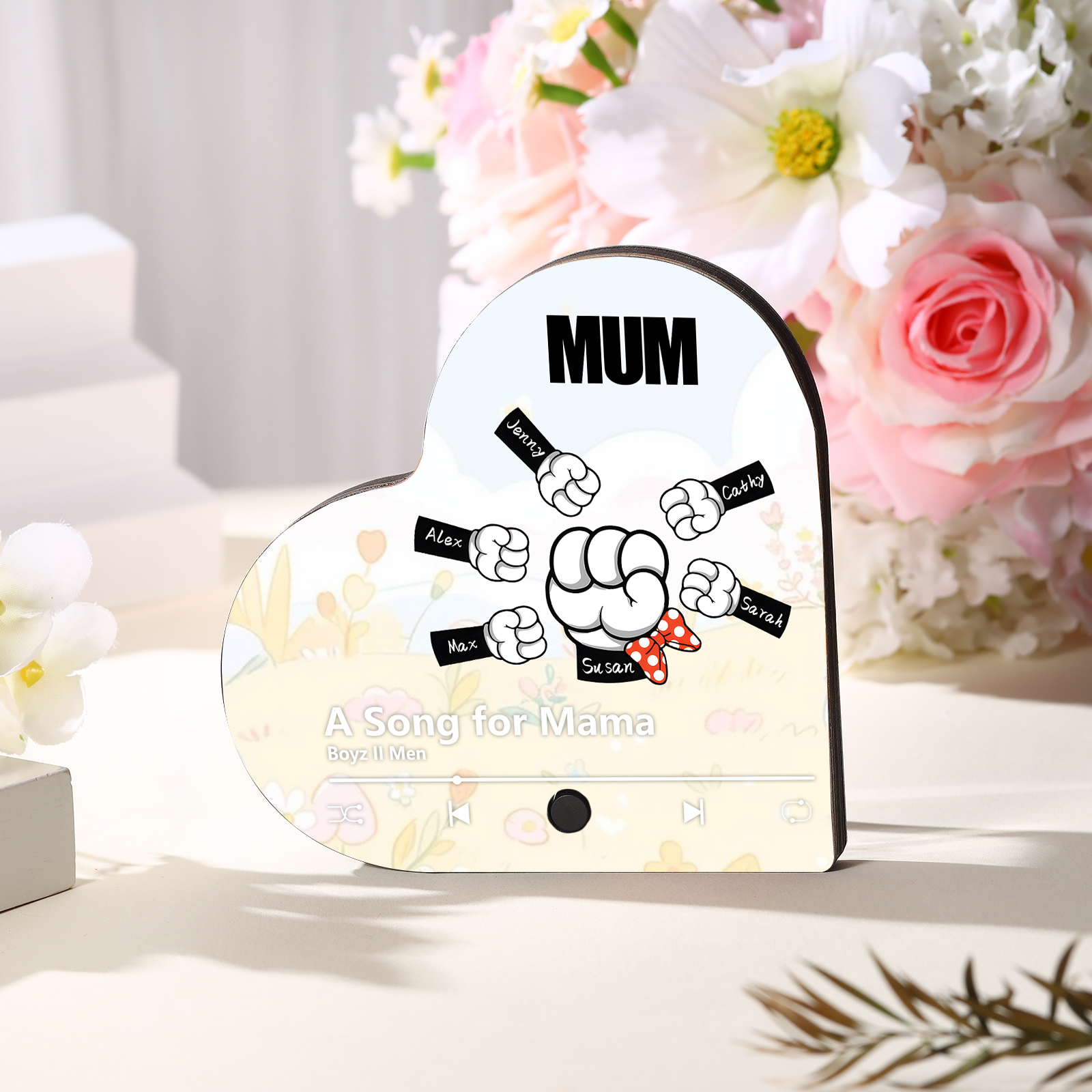 Personalised Fist Music Fridge Magnet Engraved 6 Names & 1 Text– Custom Heart-Shaped Wooden Acrylic Gift | Jessemade