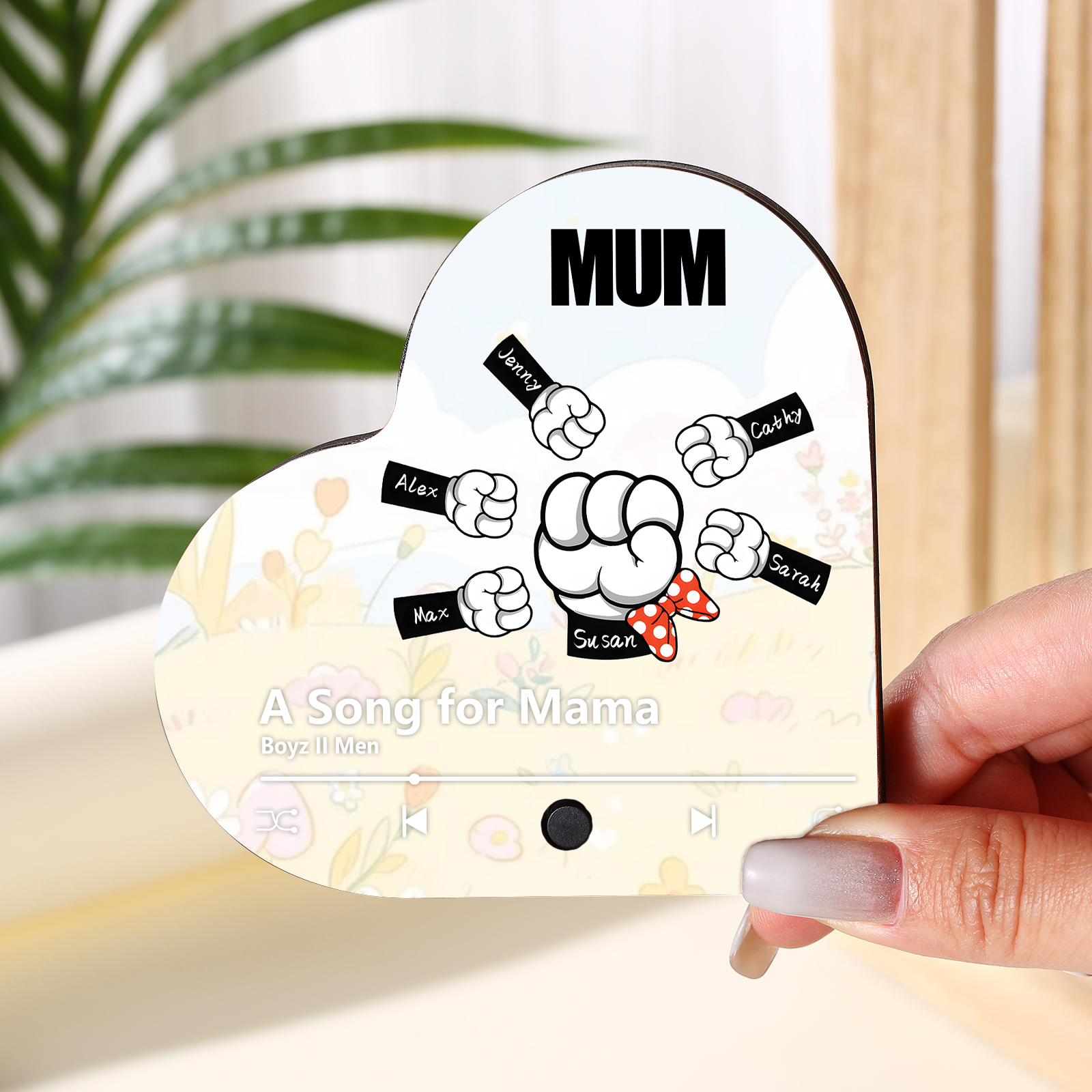 Personalised Fist Music Fridge Magnet Engraved 6 Names & 1 Text– Custom Heart-Shaped Wooden Acrylic Gift | Jessemade
