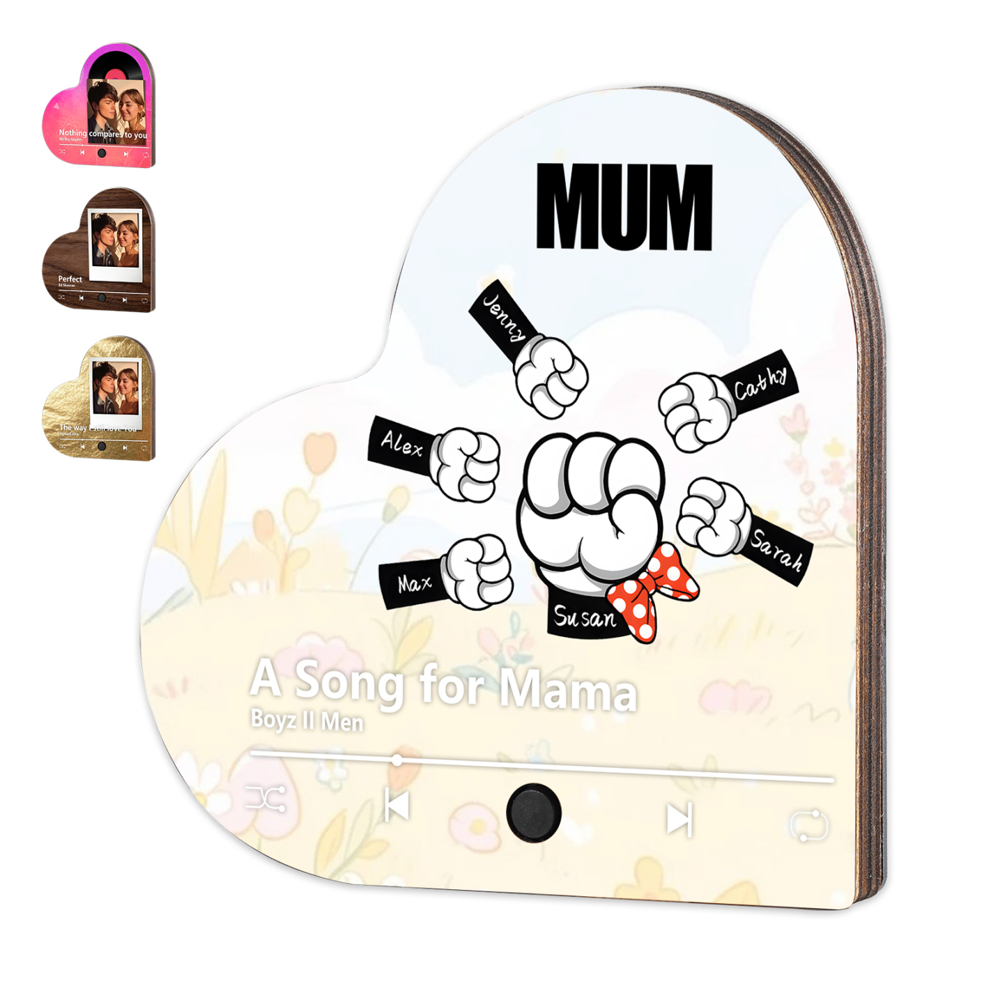 Personalised Fist Music Fridge Magnet Engraved 6 Names & 1 Text– Custom Heart-Shaped Wooden Acrylic Gift | Jessemade