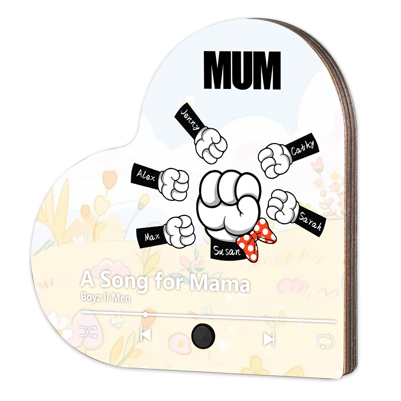 Personalised Fist Music Fridge Magnet Engraved 6 Names & 1 Text– Custom Heart-Shaped Wooden Acrylic Gift | Jessemade