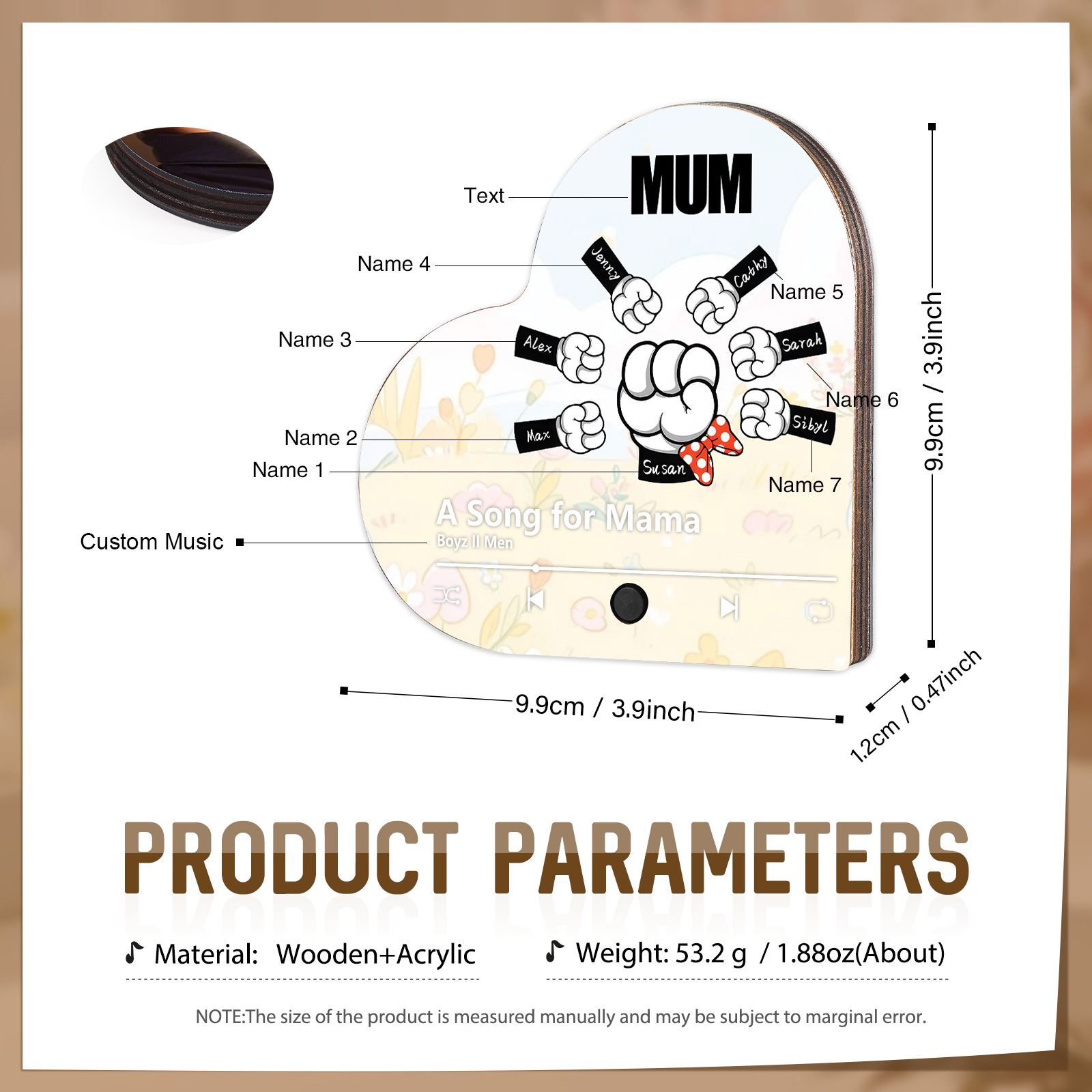 Personalised Fist Music Fridge Magnet Engraved 7 Names & 1 Text– Custom Heart-Shaped Wooden Acrylic Gift | Jessemade
