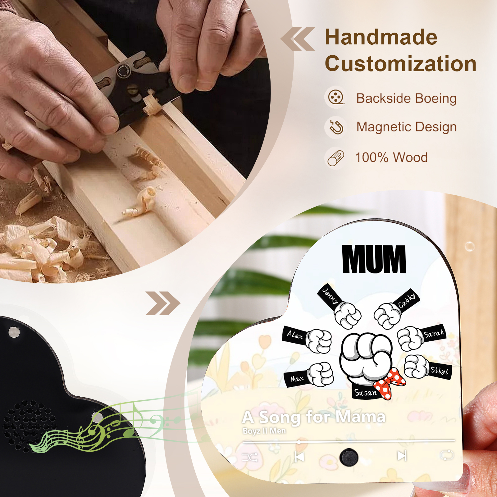 Personalised Fist Music Fridge Magnet Engraved 7 Names & 1 Text– Custom Heart-Shaped Wooden Acrylic Gift | Jessemade