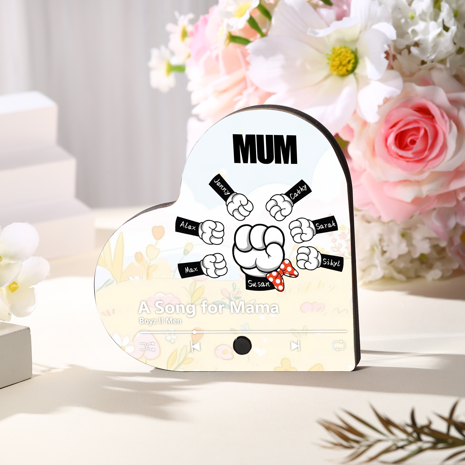 Personalised Fist Music Fridge Magnet Engraved 7 Names & 1 Text– Custom Heart-Shaped Wooden Acrylic Gift | Jessemade