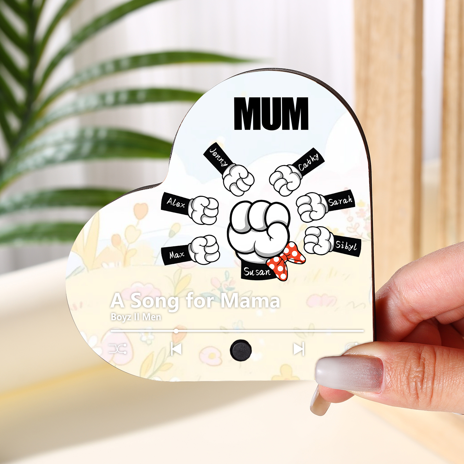 Personalised Fist Music Fridge Magnet Engraved 7 Names & 1 Text– Custom Heart-Shaped Wooden Acrylic Gift | Jessemade