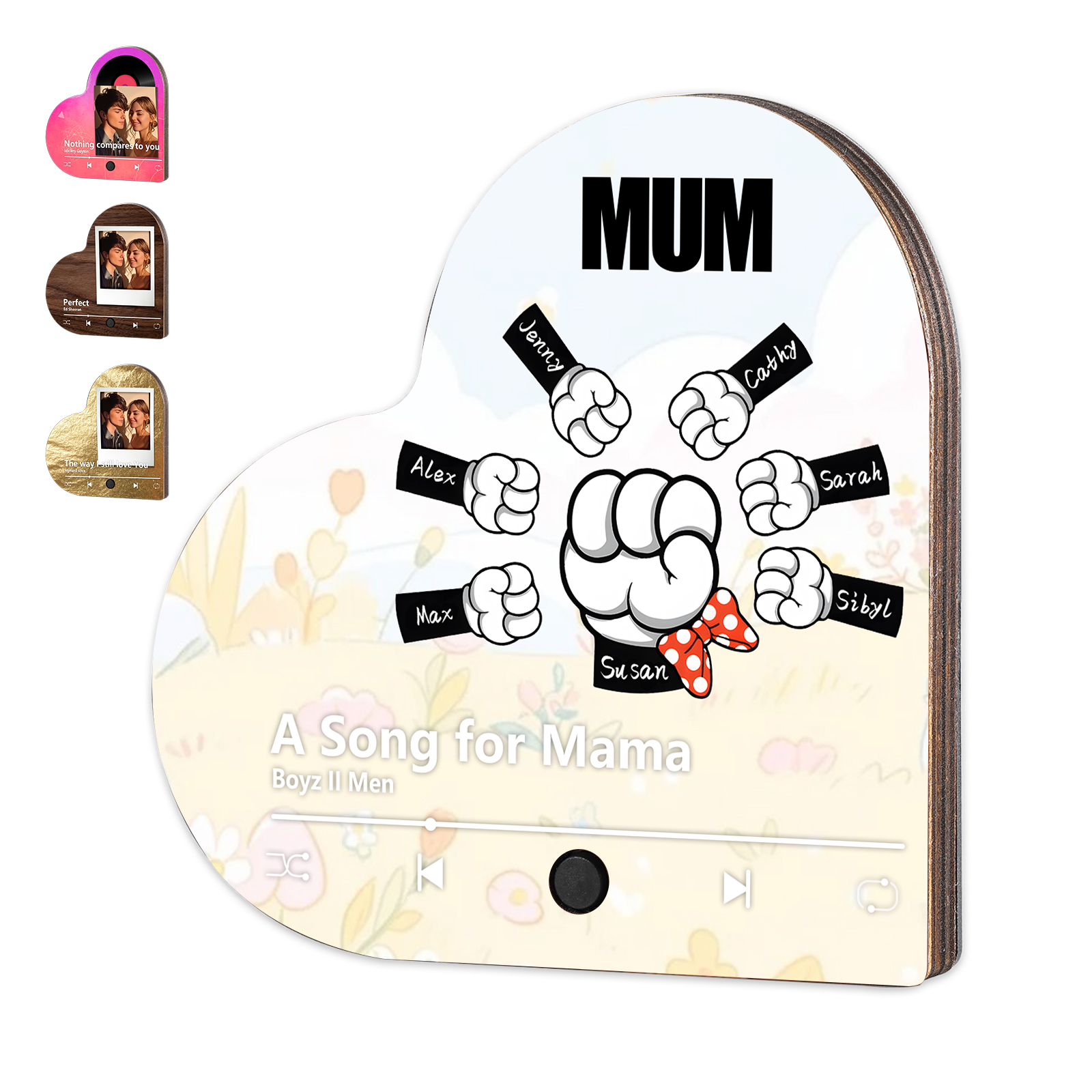 Personalised Fist Music Fridge Magnet Engraved 7 Names & 1 Text– Custom Heart-Shaped Wooden Acrylic Gift | Jessemade