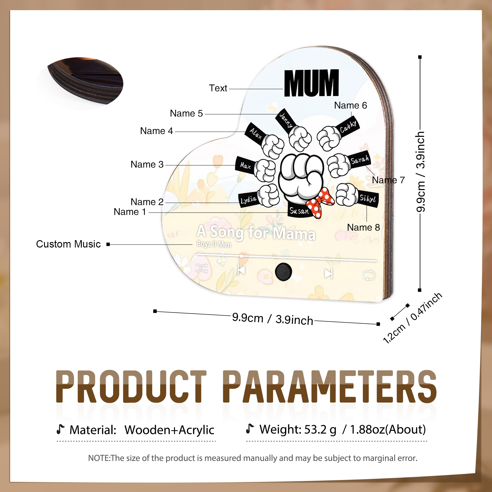 Personalised Fist Music Fridge Magnet Engraved 8 Names & 1 Text– Custom Heart-Shaped Wooden Acrylic Gift | Jessemade