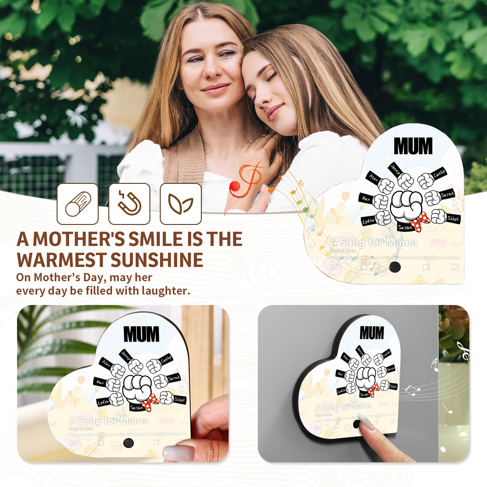 Personalised Fist Music Fridge Magnet Engraved 8 Names & 1 Text– Custom Heart-Shaped Wooden Acrylic Gift | Jessemade