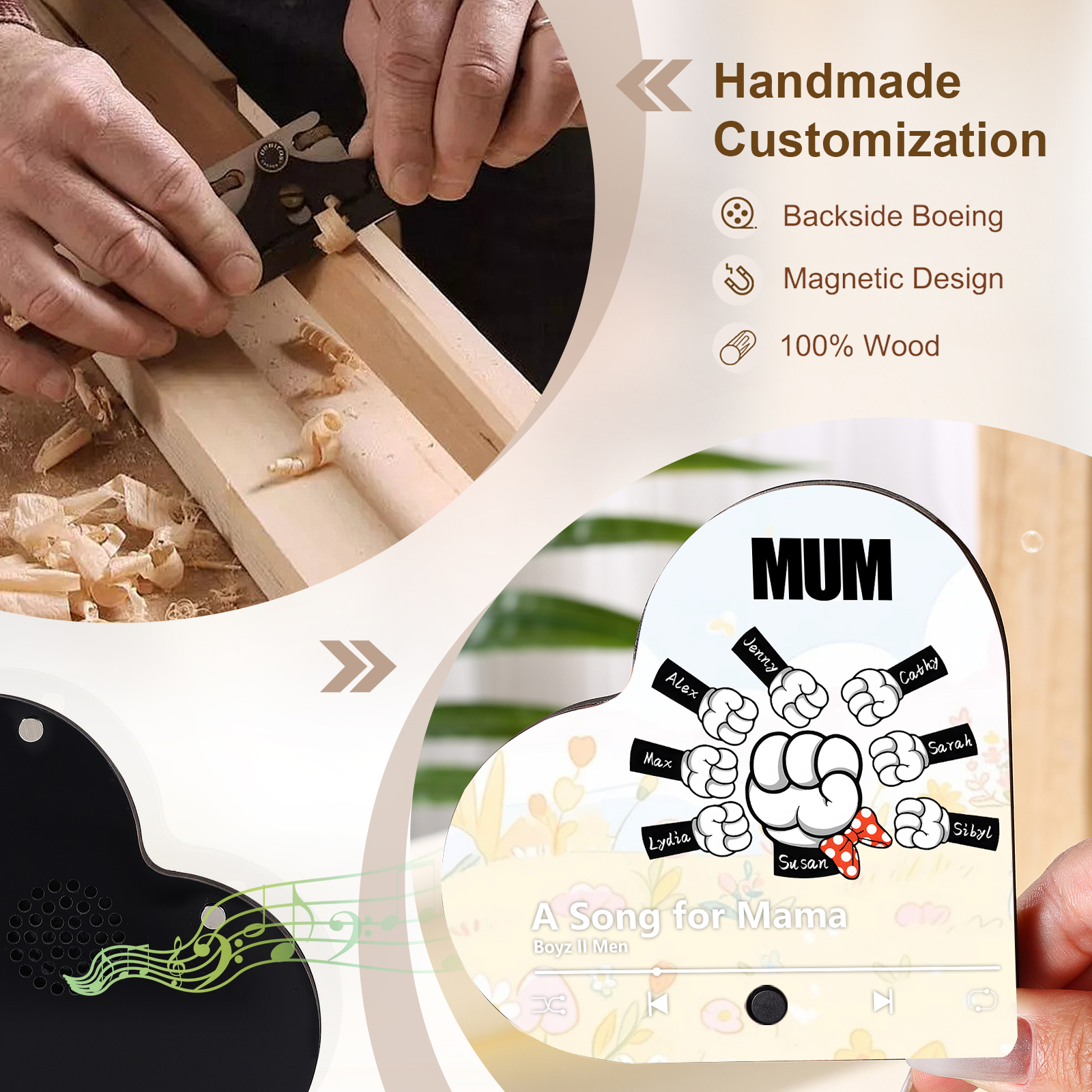 Personalised Fist Music Fridge Magnet Engraved 8 Names & 1 Text– Custom Heart-Shaped Wooden Acrylic Gift | Jessemade