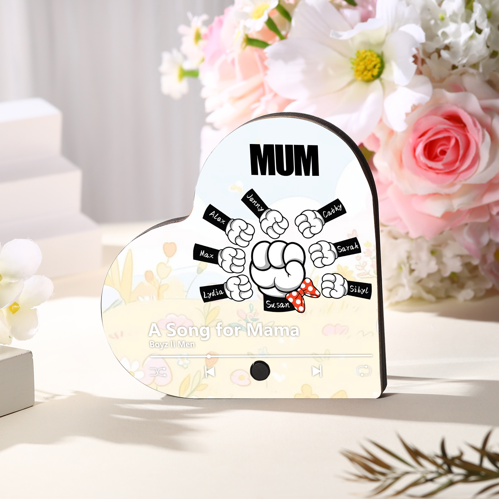 Personalised Fist Music Fridge Magnet Engraved 8 Names & 1 Text– Custom Heart-Shaped Wooden Acrylic Gift | Jessemade