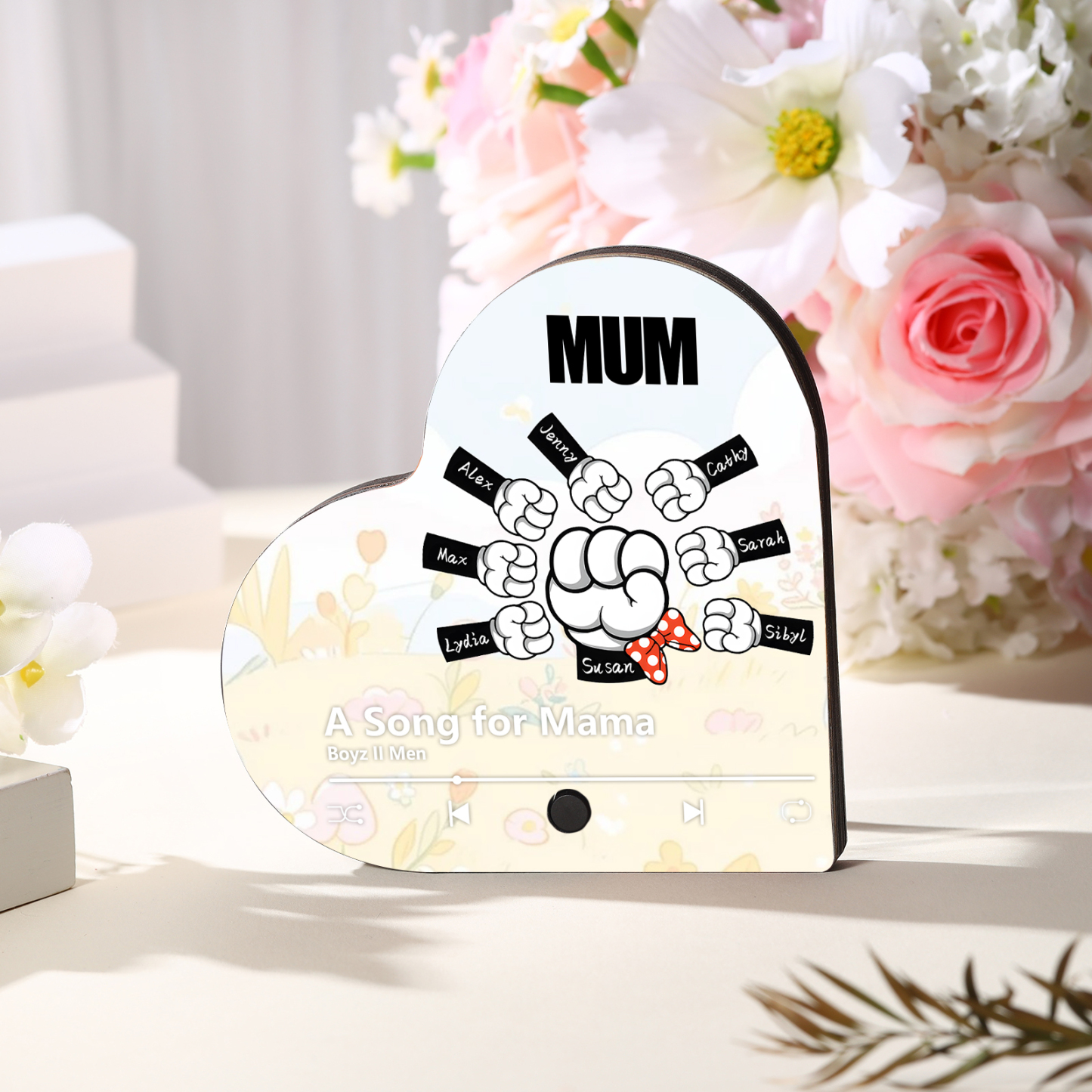 Personalised Fist Music Fridge Magnet Engraved 8 Names & 1 Text– Custom Heart-Shaped Wooden Acrylic Gift | Jessemade