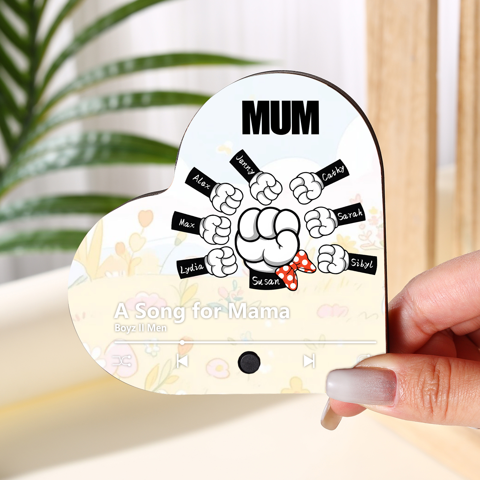 Personalised Fist Music Fridge Magnet Engraved 8 Names & 1 Text– Custom Heart-Shaped Wooden Acrylic Gift | Jessemade