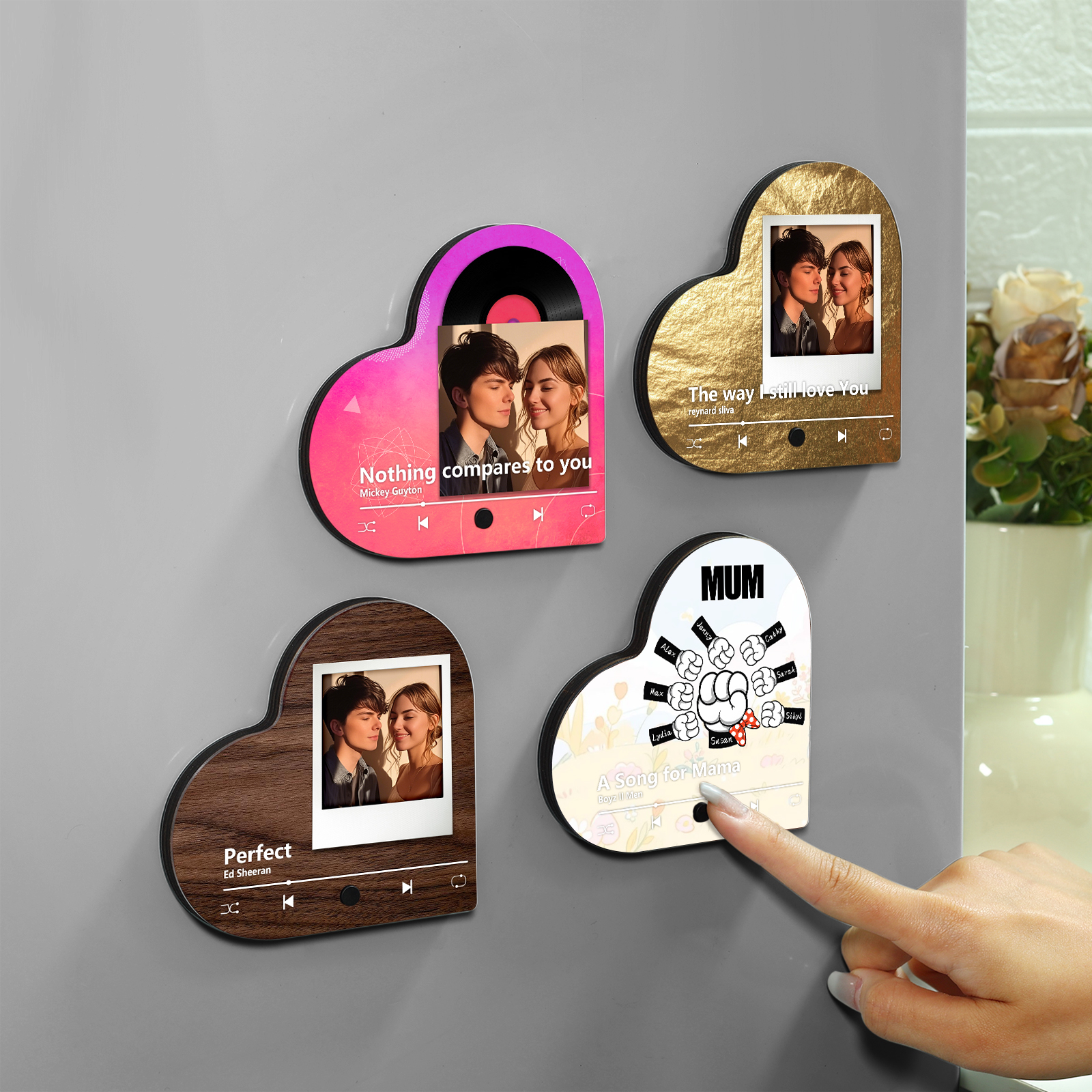 Personalised Fist Music Fridge Magnet Engraved 8 Names & 1 Text– Custom Heart-Shaped Wooden Acrylic Gift | Jessemade