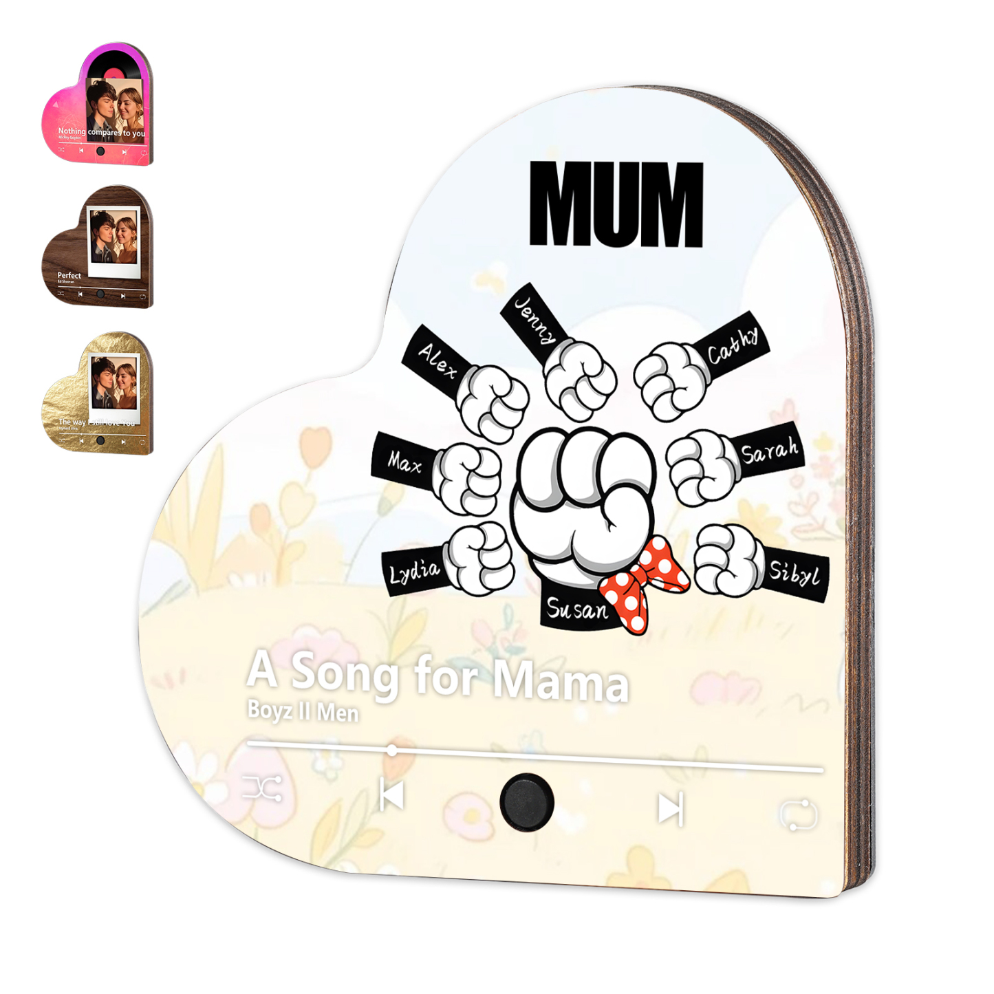 Personalised Fist Music Fridge Magnet Engraved 8 Names & 1 Text– Custom Heart-Shaped Wooden Acrylic Gift | Jessemade