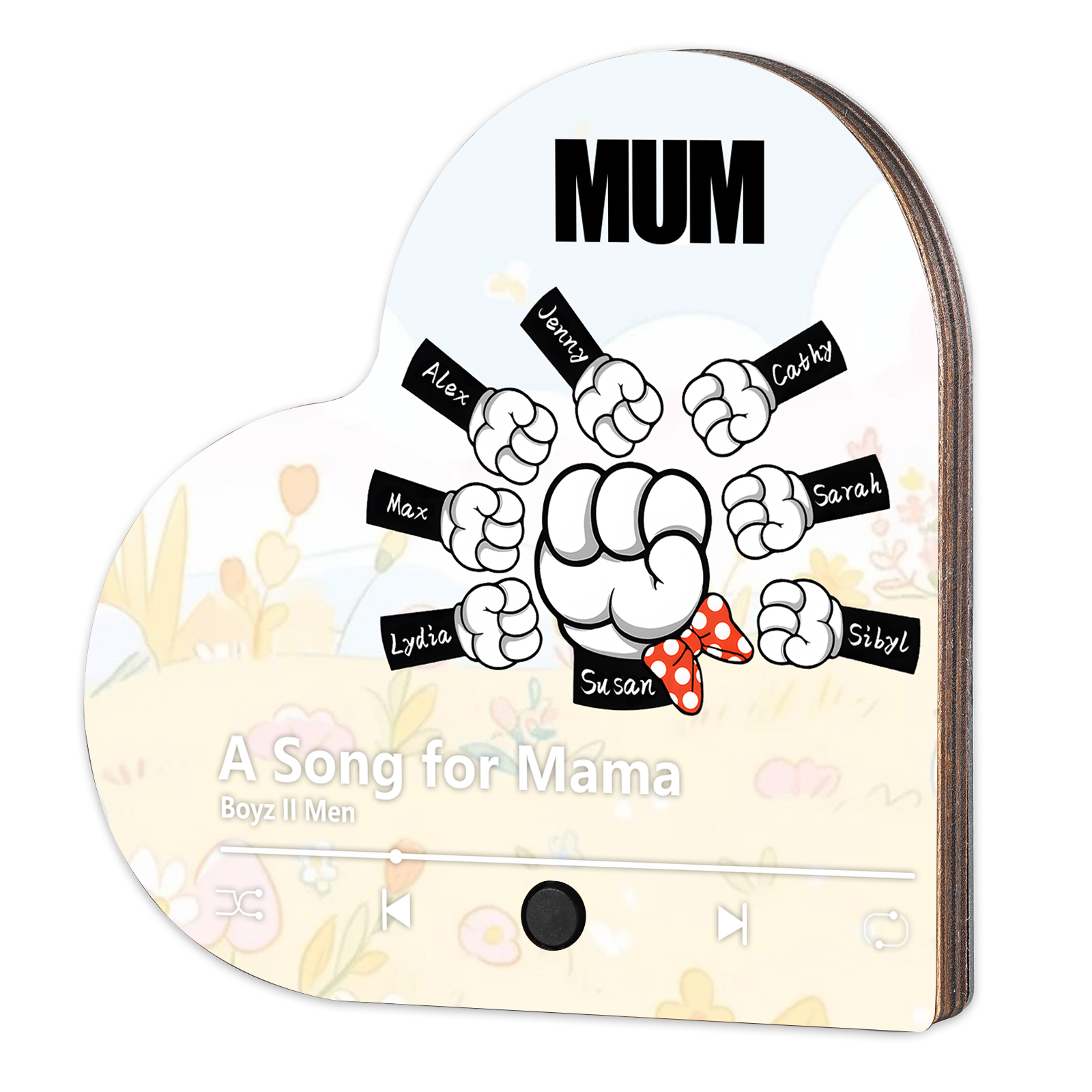 Personalised Fist Music Fridge Magnet Engraved 8 Names & 1 Text– Custom Heart-Shaped Wooden Acrylic Gift | Jessemade