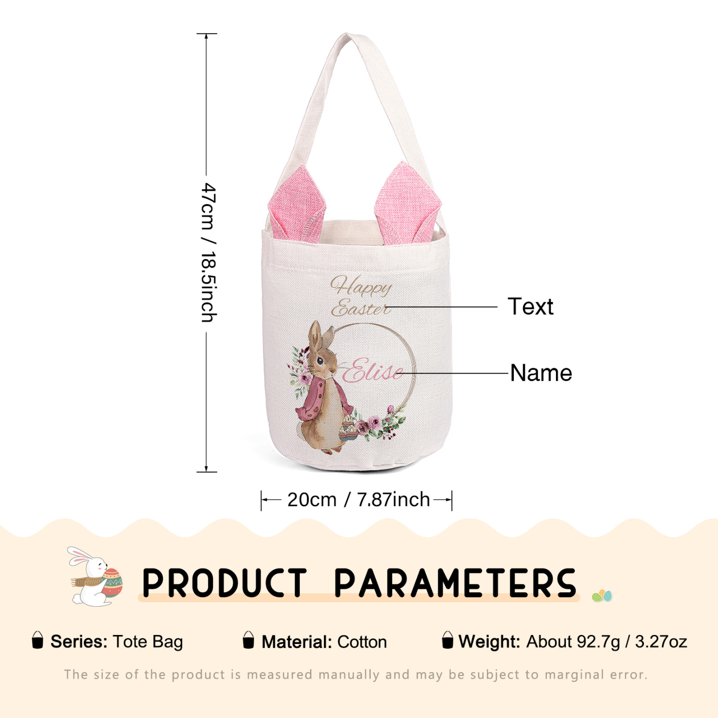 Personalised Easter Bunny Tote Bag – Custom Name Gift Basket (4 Colours Available)-| Jessemade