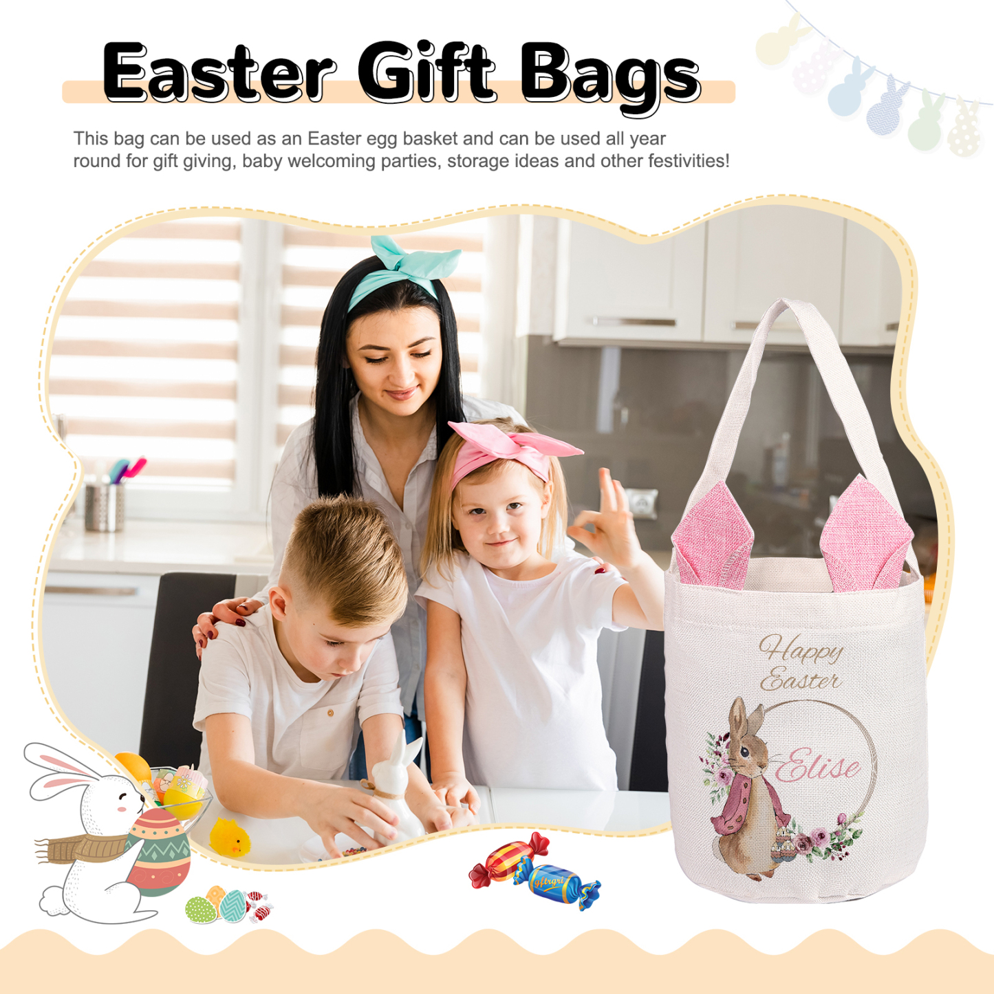 Personalised Easter Bunny Tote Bag – Custom Name Gift Basket (4 Colours Available)-| Jessemade
