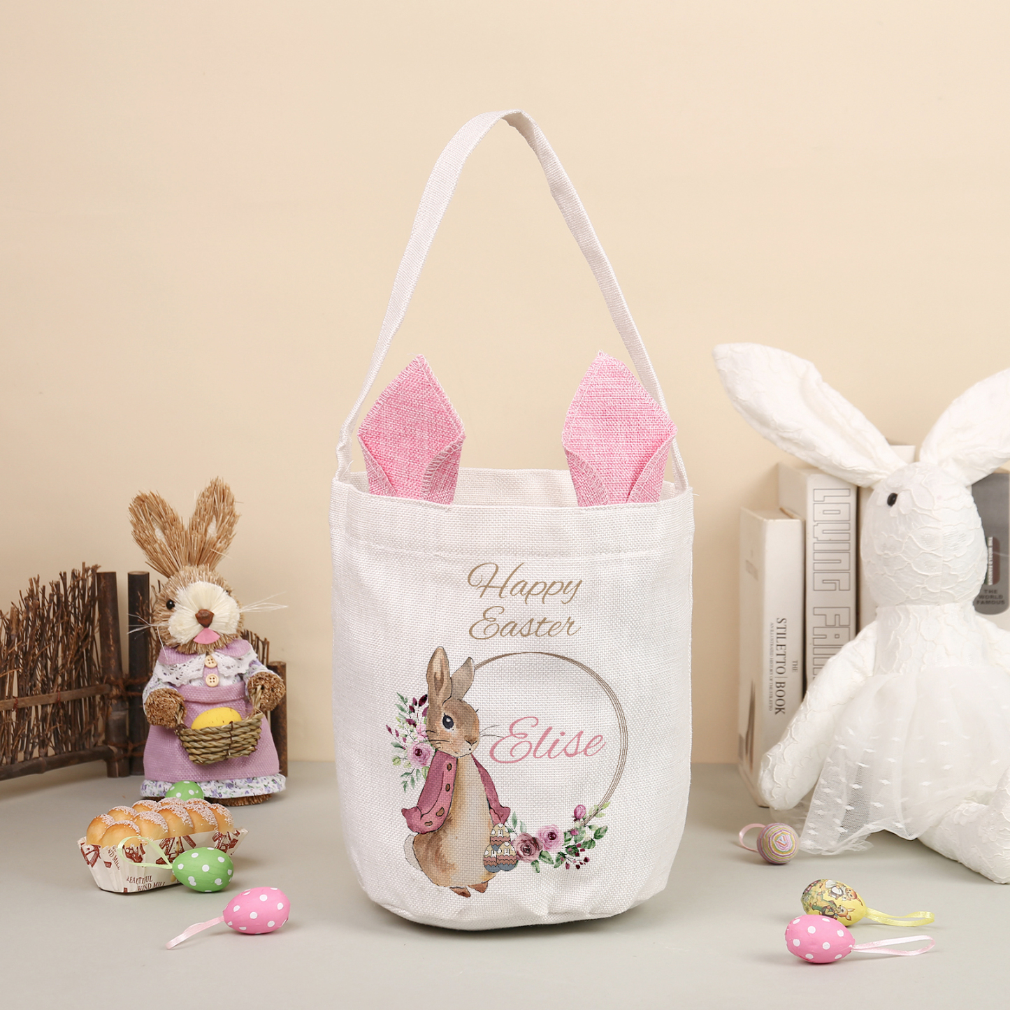 Personalized Bunny Tote Bag Customized with Name Bunny Drawstring Bag Easter Gifts