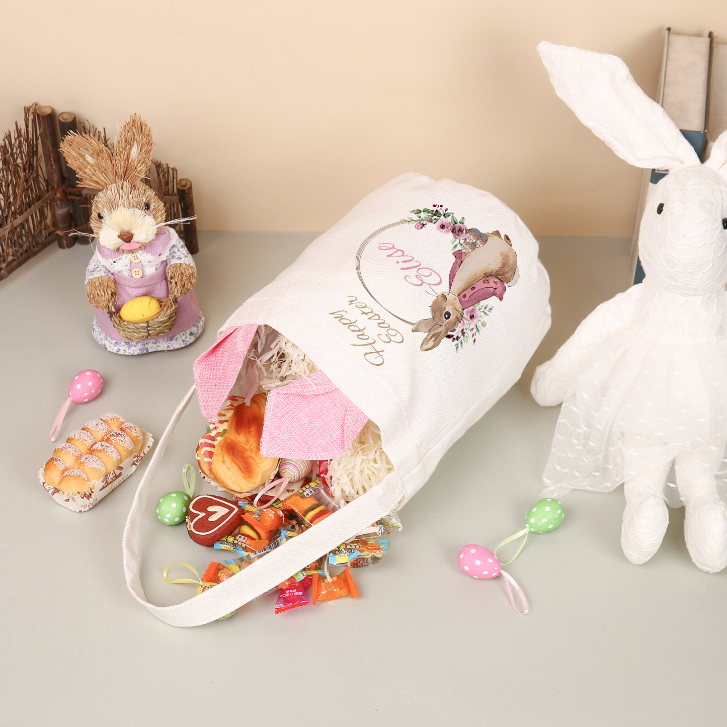 Personalised Easter Bunny Tote Bag – Custom Name Gift Basket (4 Colours Available)-| Jessemade