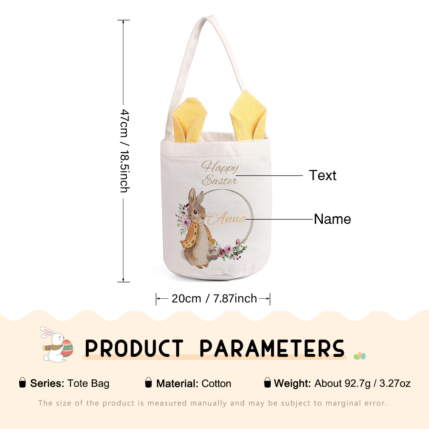 Personalised Easter Bunny Tote Bag – Custom Name Gift Basket (4 Colours Available)-| Jessemade
