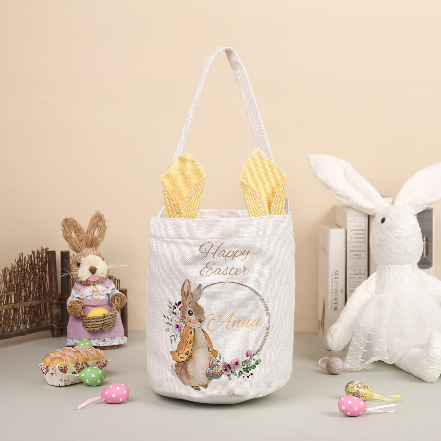 Personalised Easter Bunny Tote Bag – Custom Name Gift Basket (4 Colours Available)-| Jessemade