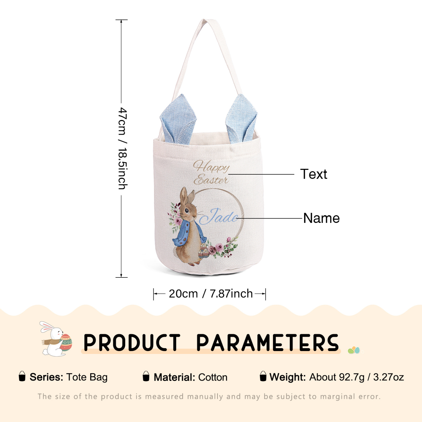 Personalised Easter Bunny Tote Bag – Custom Name Gift Basket (4 Colours Available)-| Jessemade
