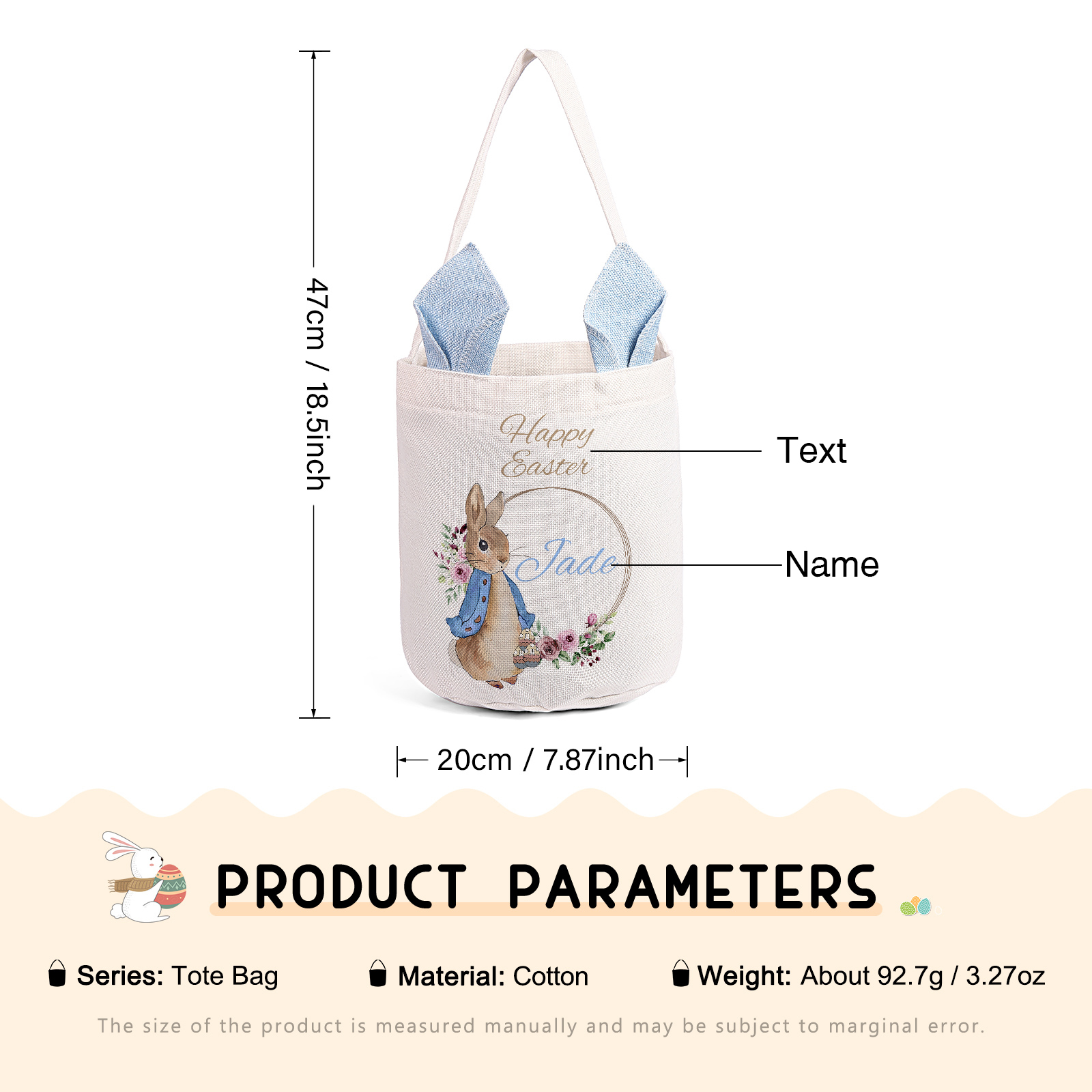 Personalised Easter Bunny Tote Bag – Custom Name Gift Basket (4 Colours Available)-| Jessemade
