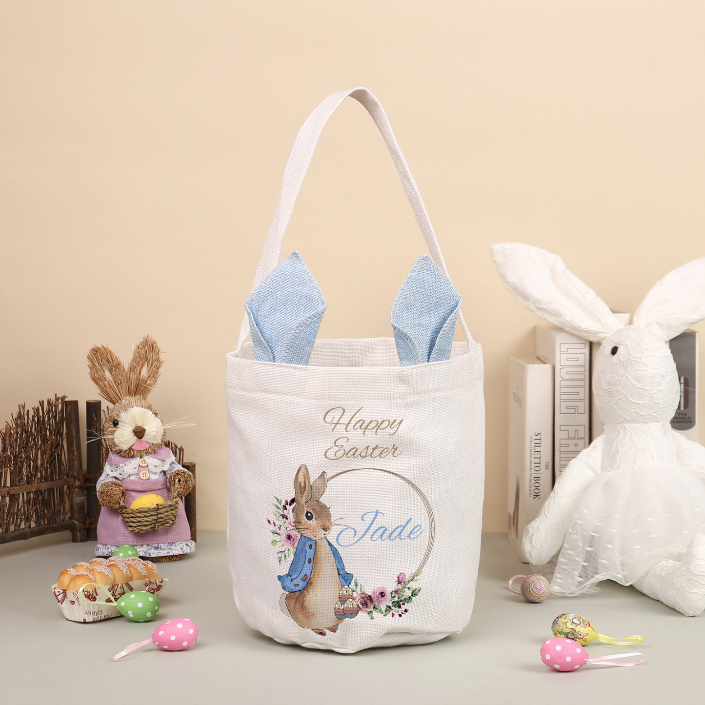 Personalised Easter Bunny Tote Bag – Custom Name Gift Basket (4 Colours Available)-| Jessemade