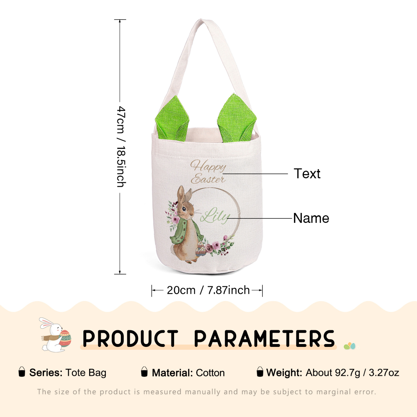Personalised Easter Bunny Tote Bag – Custom Name Gift Basket (4 Colours Available)-| Jessemade