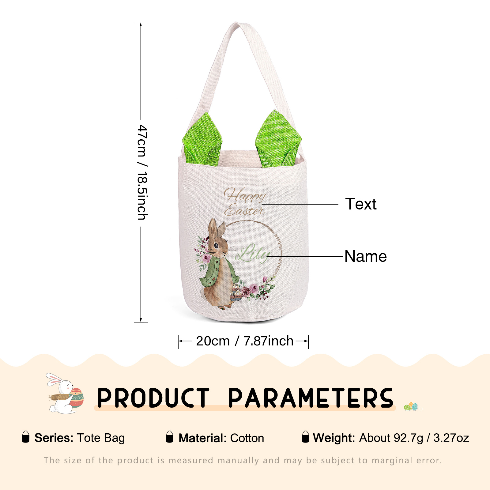 Personalised Easter Bunny Tote Bag – Custom Name Gift Basket (4 Colours Available)-| Jessemade