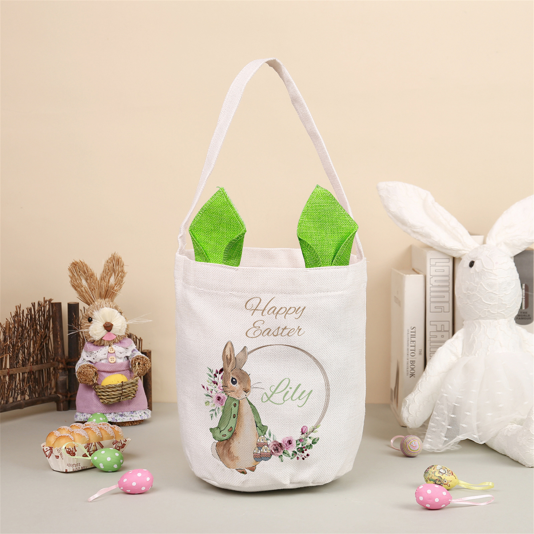 Personalised Easter Bunny Tote Bag – Custom Name Gift Basket (4 Colours Available)-| Jessemade