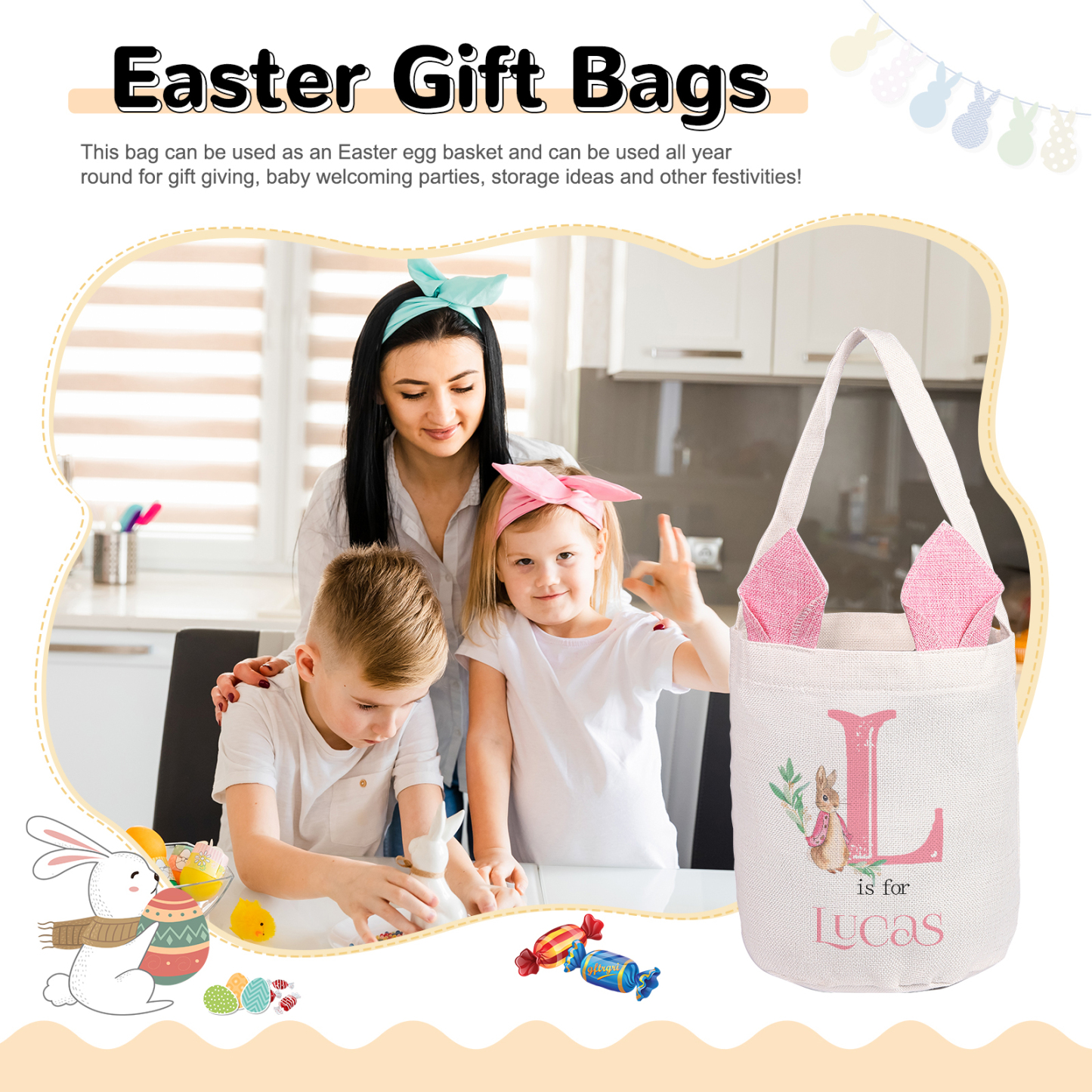 Personalised Easter Bunny Tote Bag – Custom Name Gift Basket (4 Colours Available)-| Jessemade