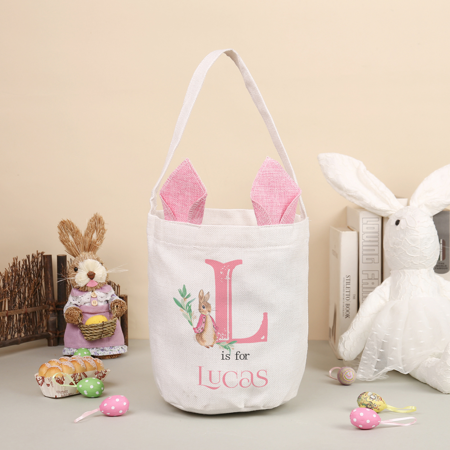 Personalized Bunny Tote Bag Customized with Name Bunny Drawstring Bag Easter Gifts