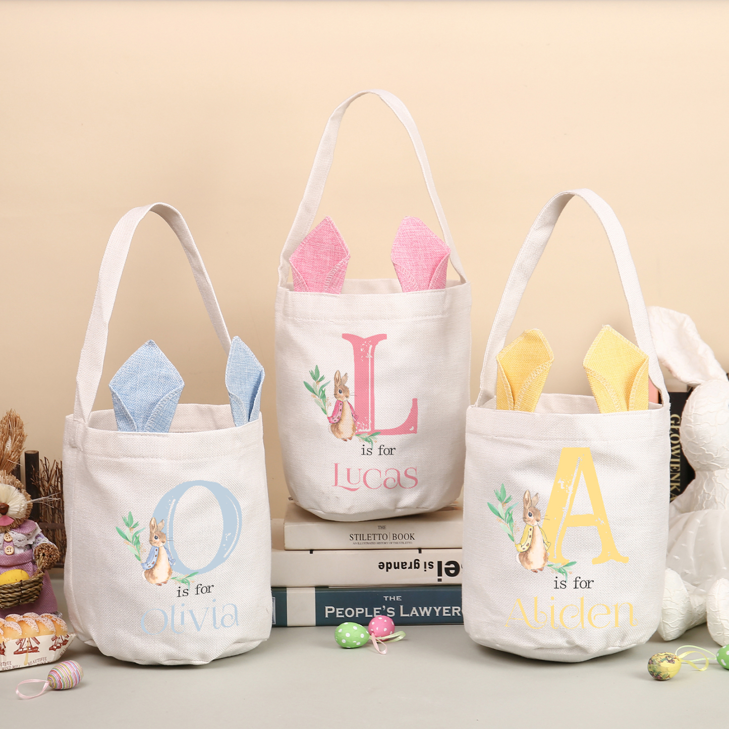 Personalised Easter Bunny Tote Bag – Custom Name Gift Basket (4 Colours Available)-| Jessemade