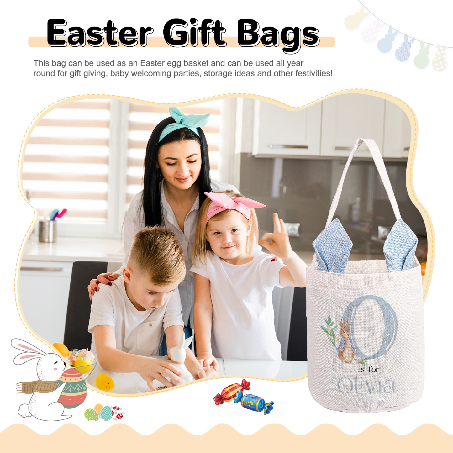 Personalised Easter Bunny Tote Bag – Custom Name Gift Basket (4 Colours Available)-| Jessemade