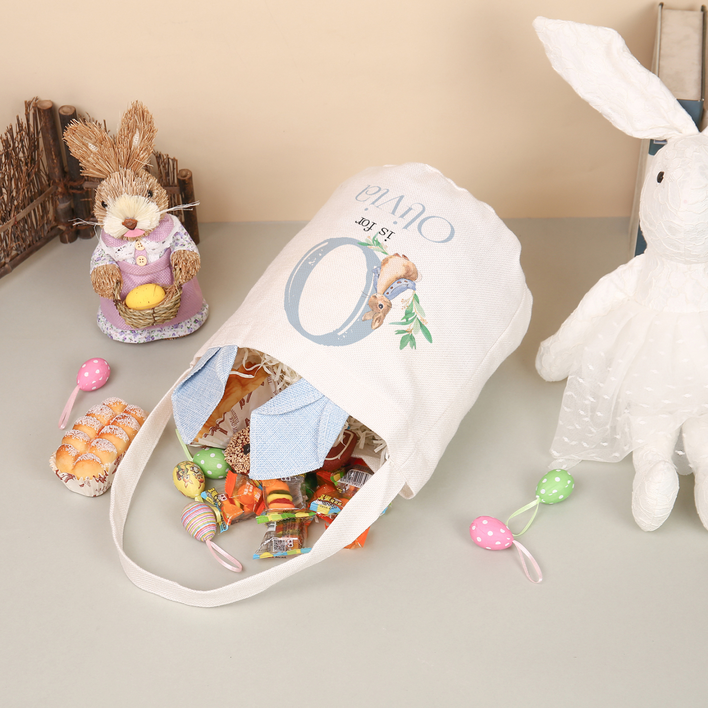 Personalised Easter Bunny Tote Bag – Custom Name Gift Basket (4 Colours Available)-| Jessemade