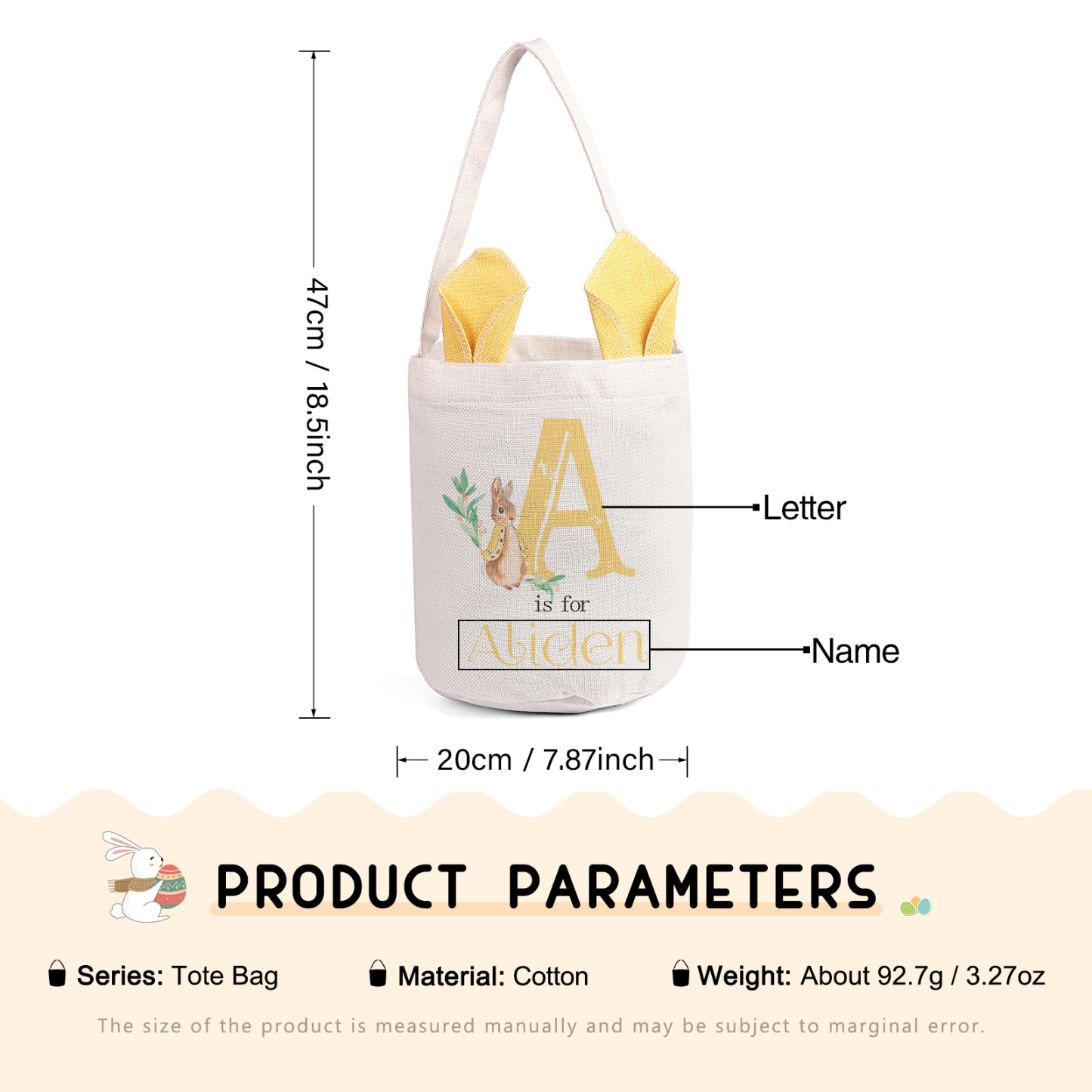 Personalised Easter Bunny Tote Bag – Custom Name Gift Basket (4 Colours Available)-| Jessemade