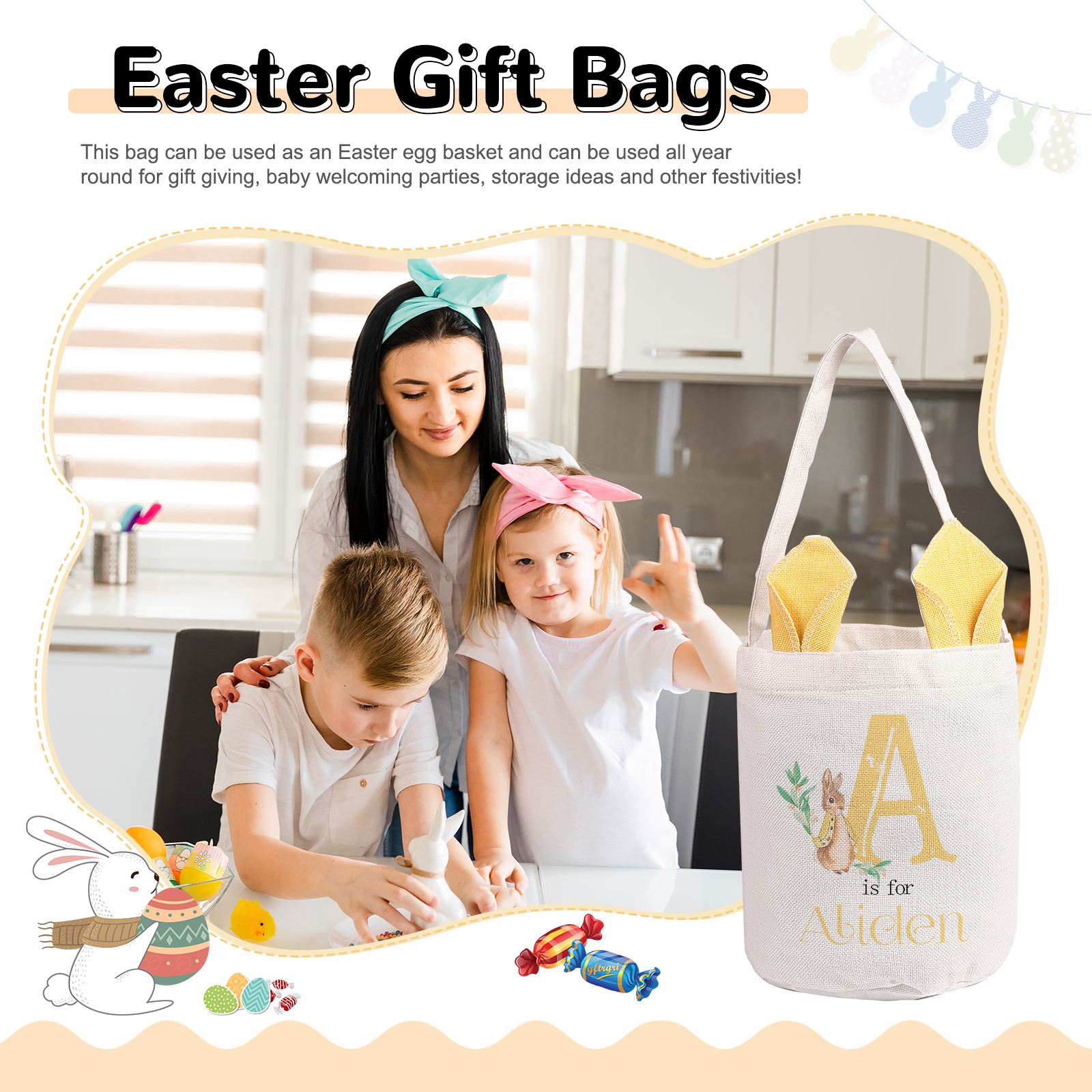 Personalised Easter Bunny Tote Bag – Custom Name Gift Basket (4 Colours Available)-| Jessemade